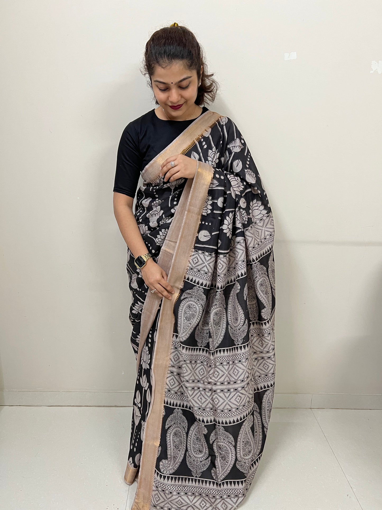 Black lotus kalamkari chennur silk saree