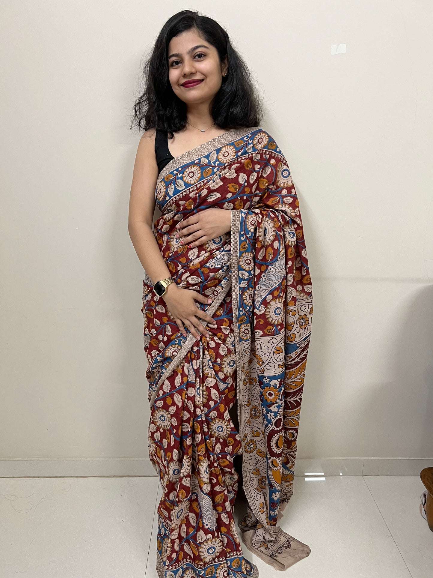 Maroon kalamkari mul cotton saree