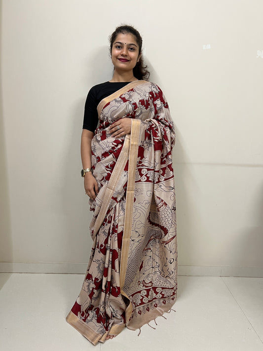 Maroon cow kalamkari chennur silk saree