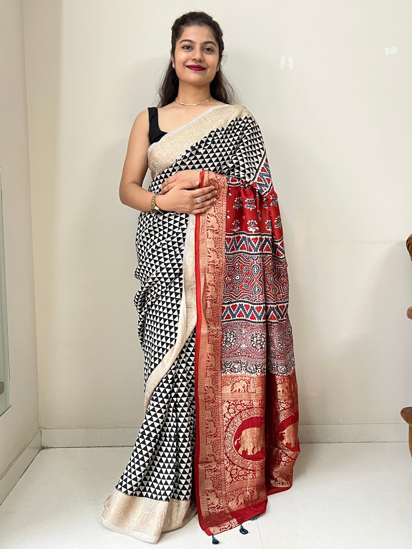 Ajrakh dola silk zari border saree