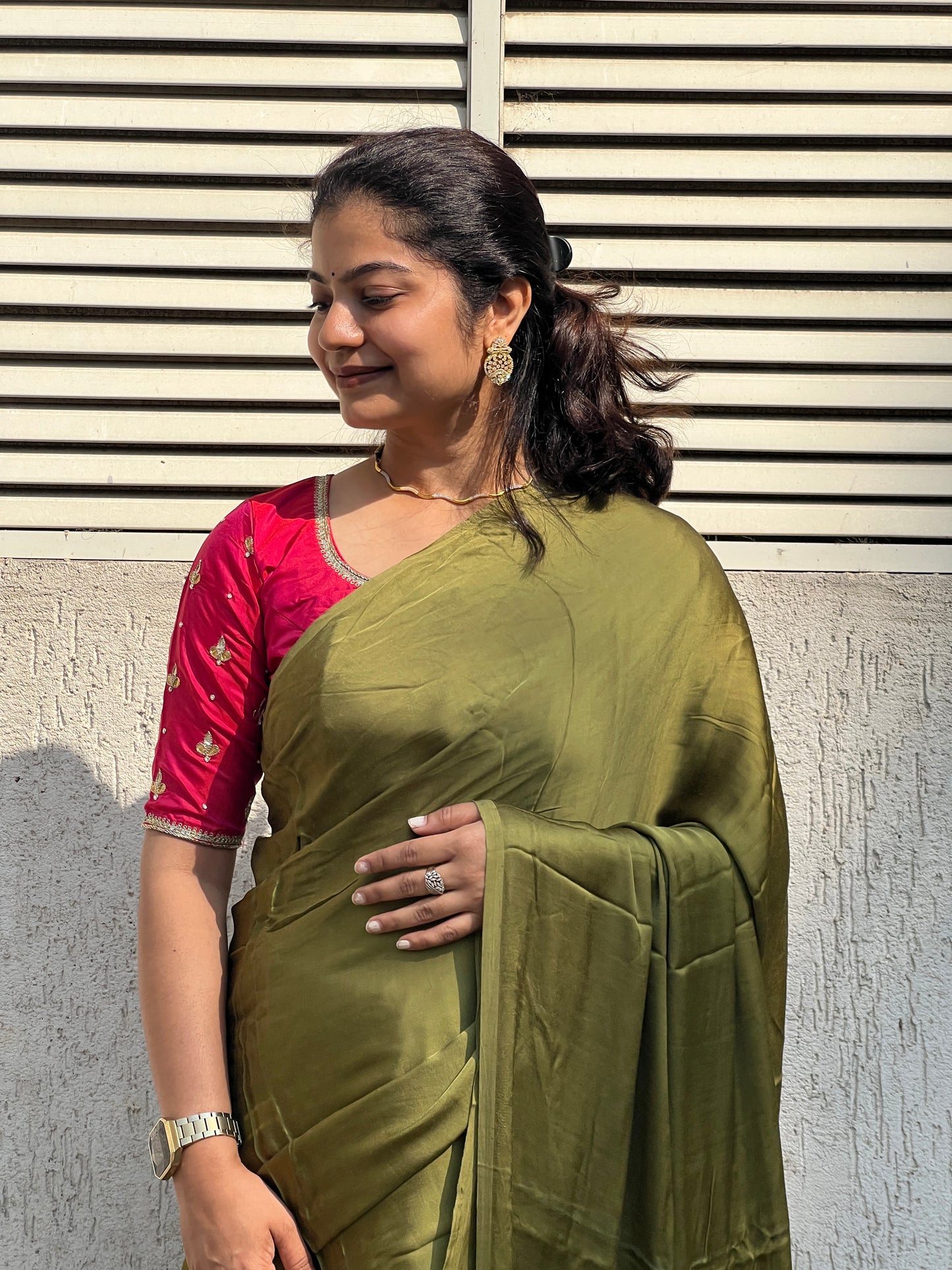 Mehendi plain modal silk saree with tissue border