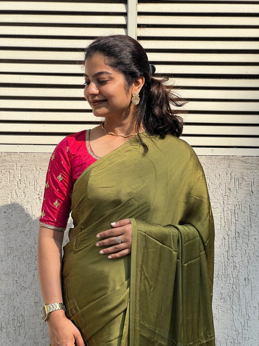 Mehendi plain modal silk saree with tissue border