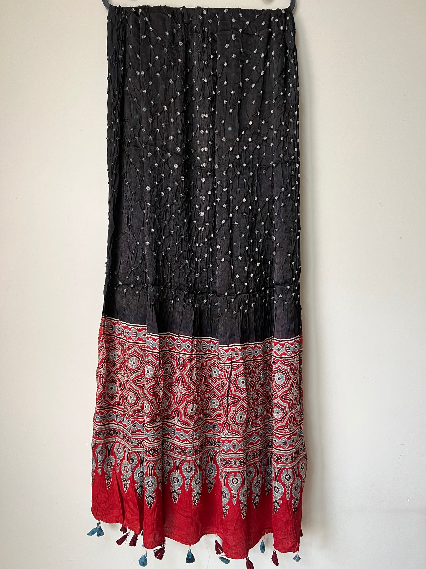 Black bandhani with red ajrakh silk dupatta