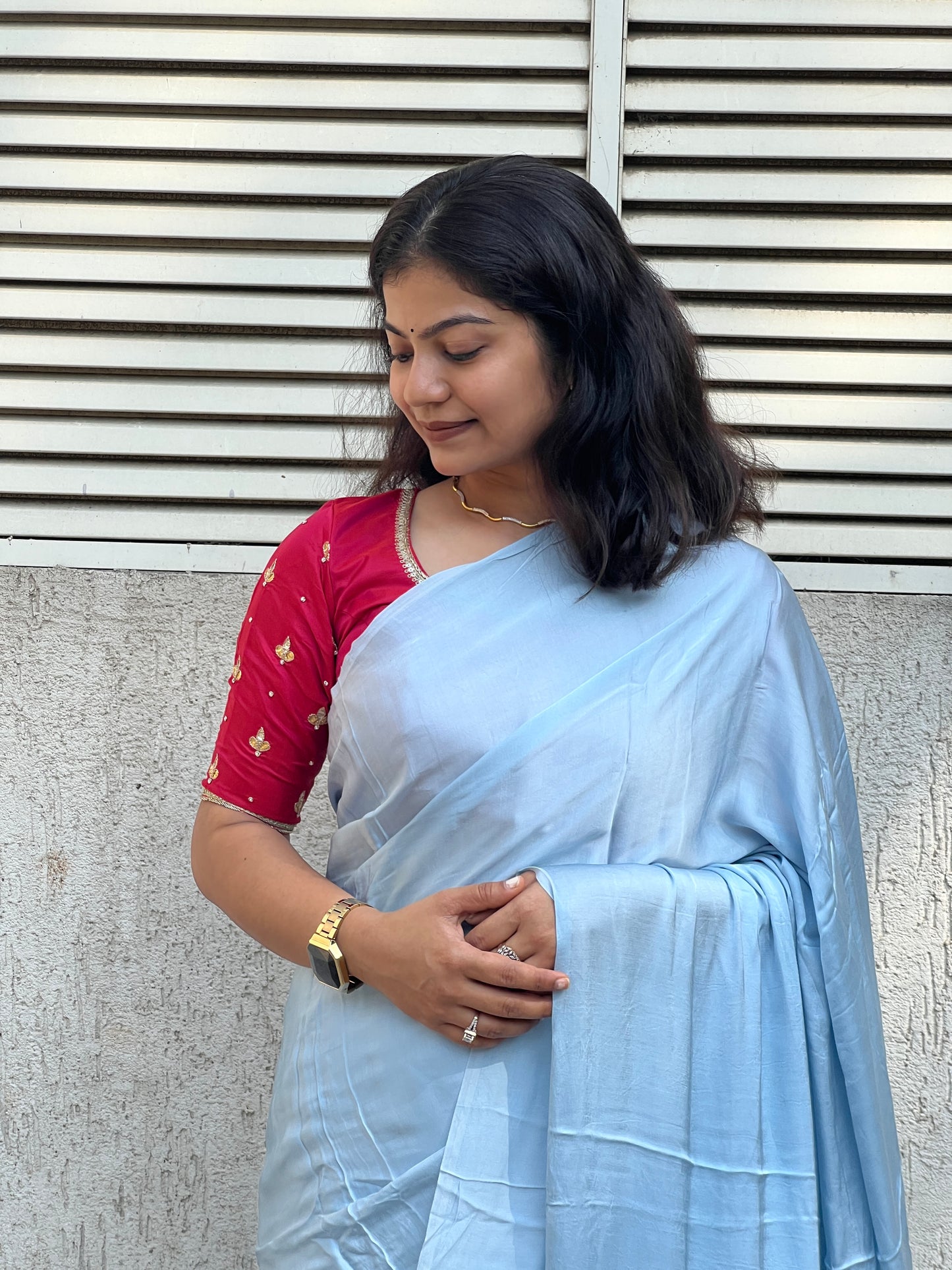 Sky plain modal silk saree with tissue border