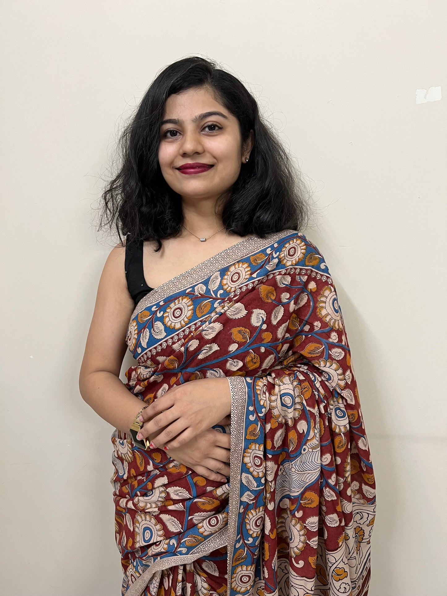 Maroon kalamkari mul cotton saree