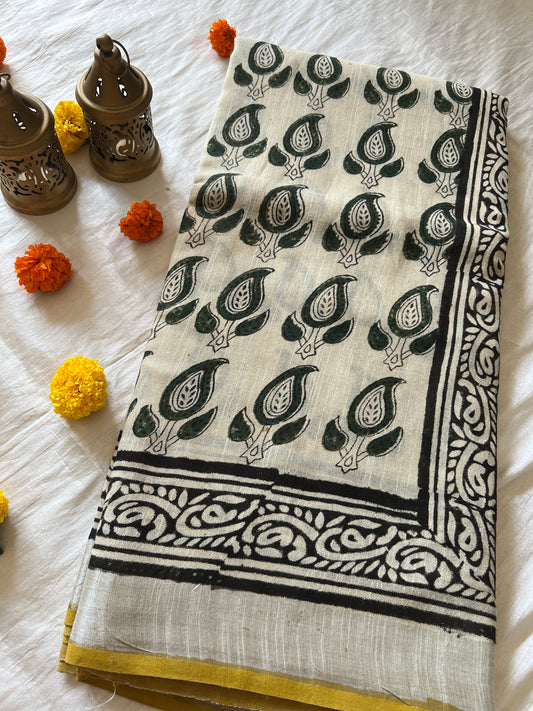 Handblock Linen Cotton Saree