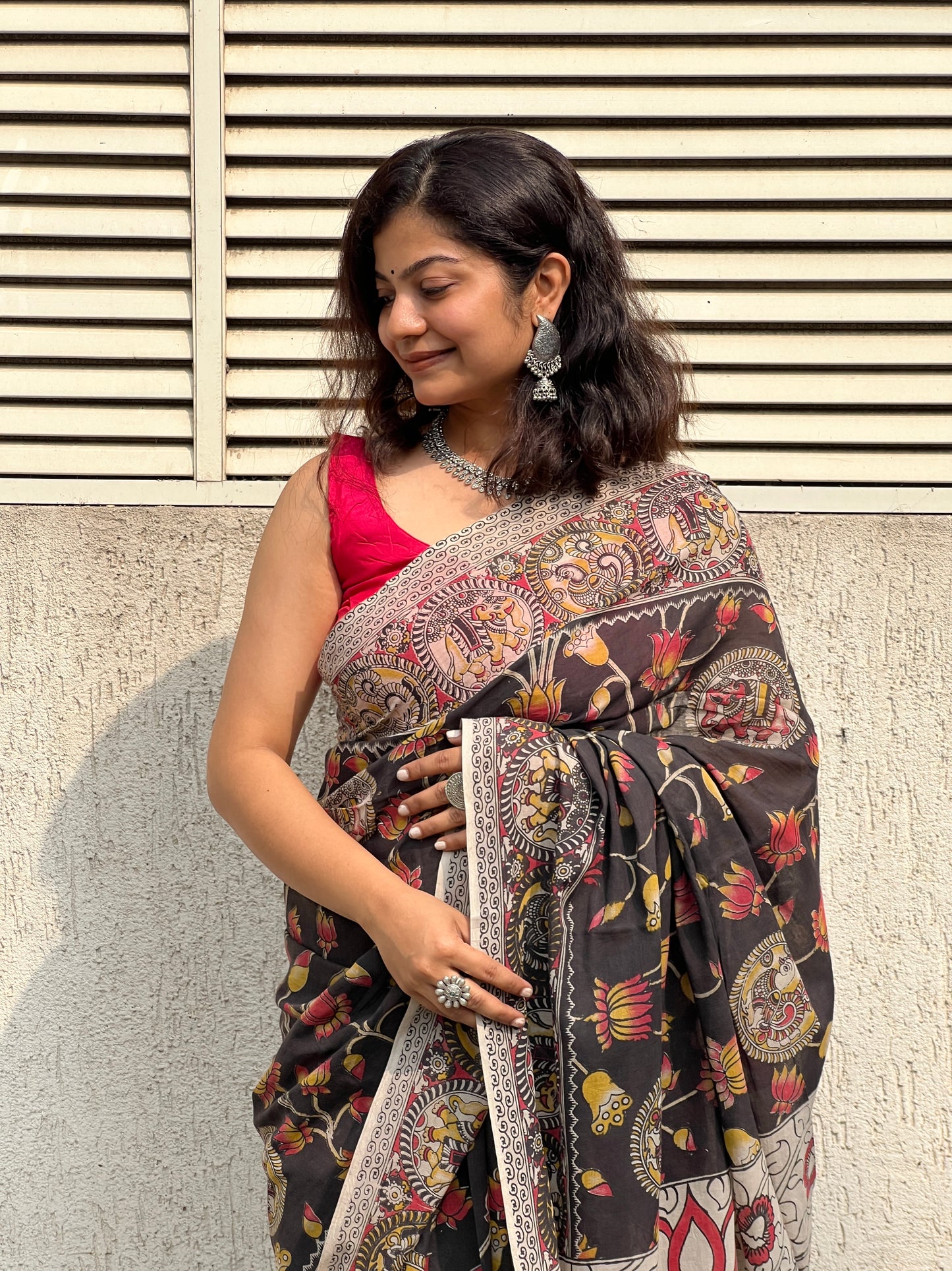 Black lotus kalamkari cotton saree