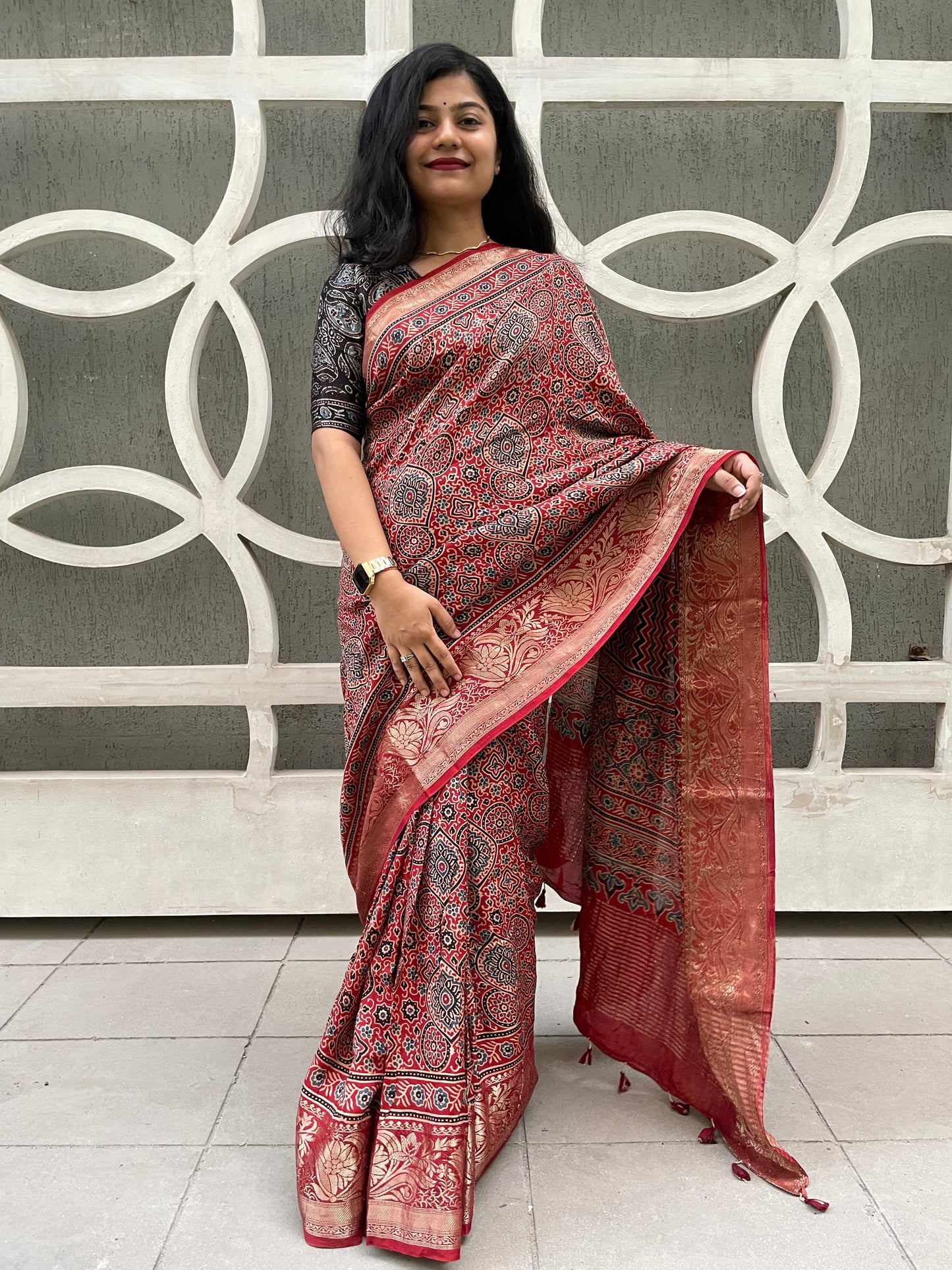 Ajrakh dola silk zari border saree