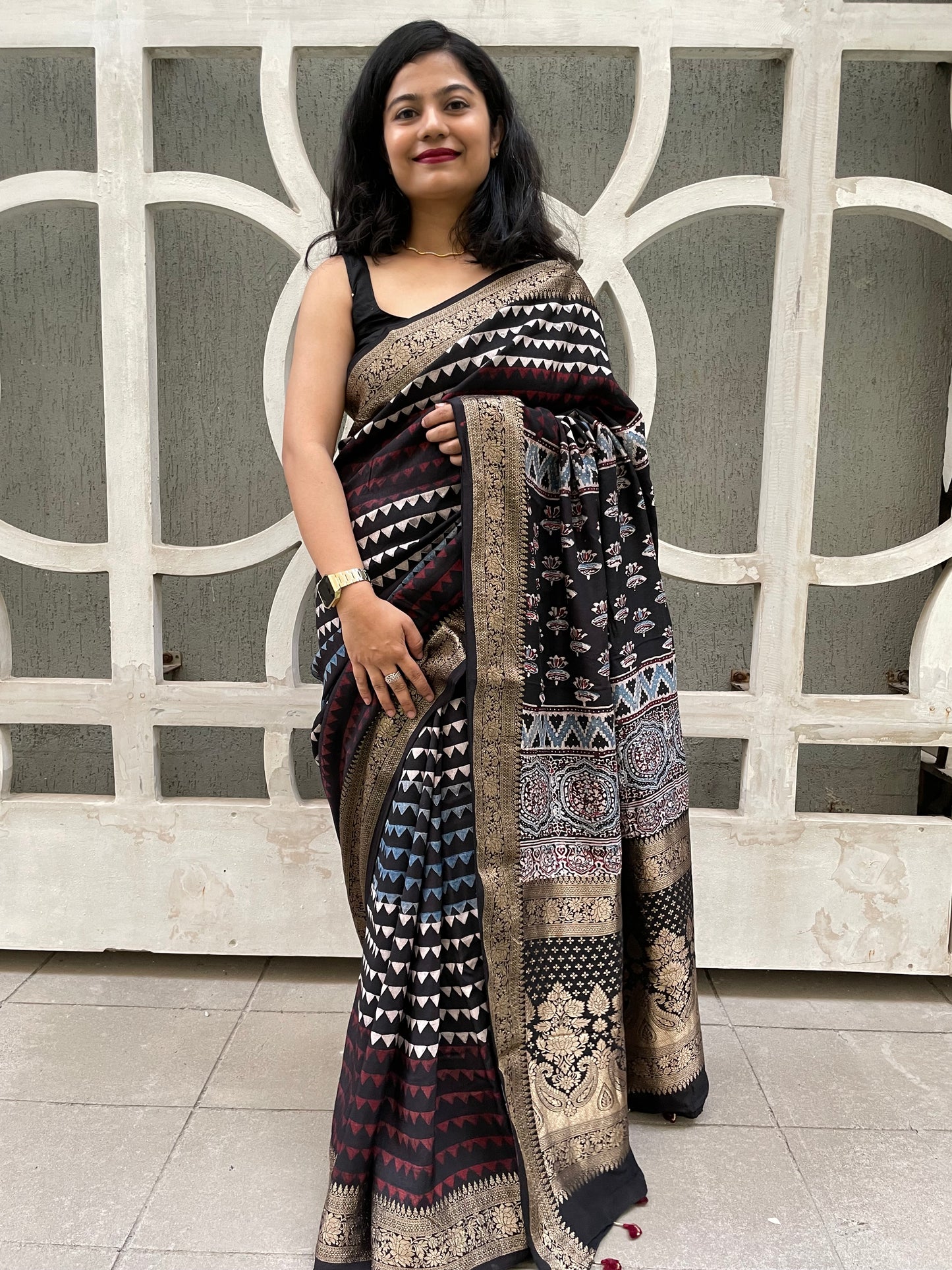 Black ajrakh dola silk zari border saree