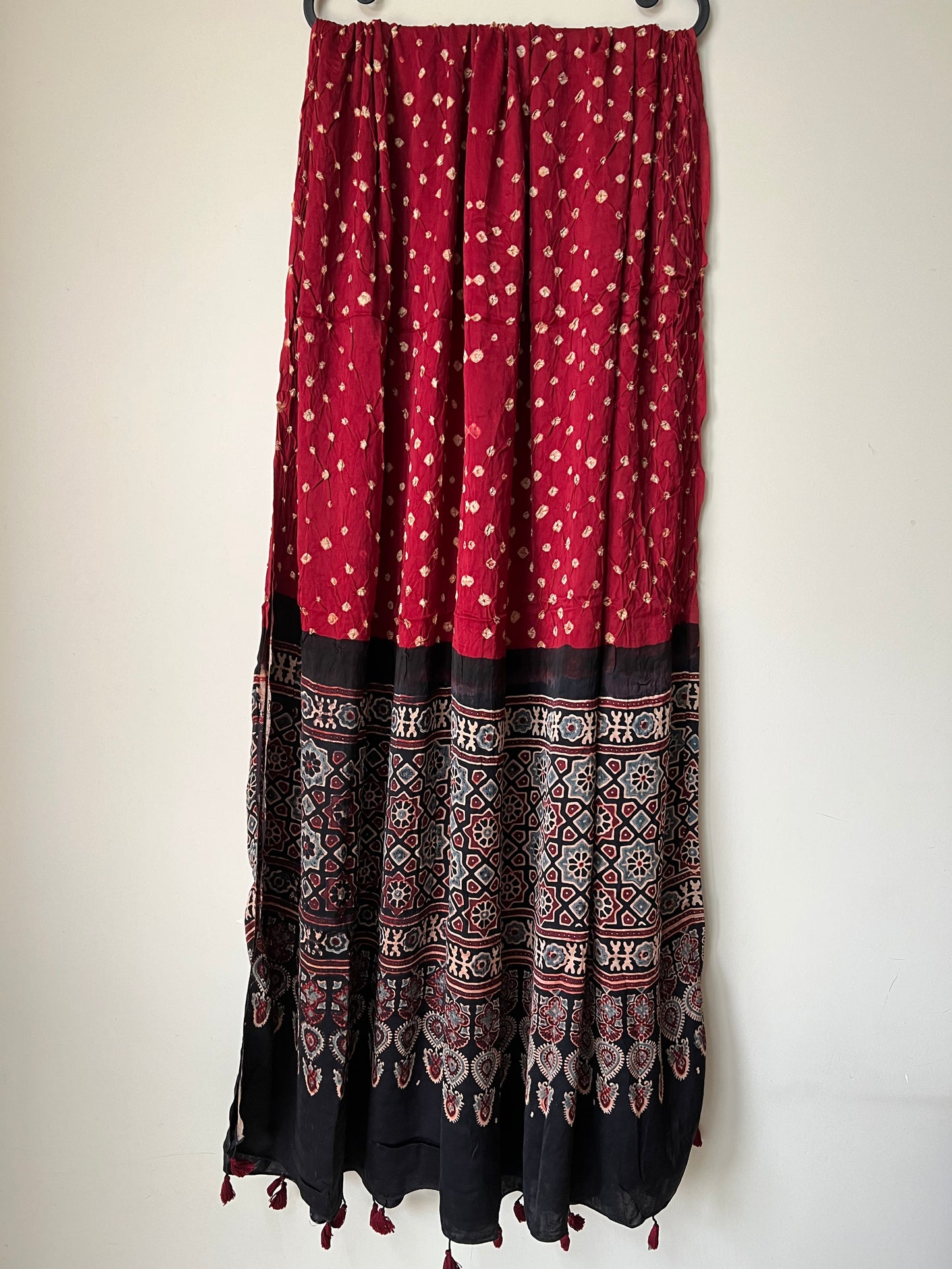 Maroon Red bandhani with black ajrakh silk dupatta