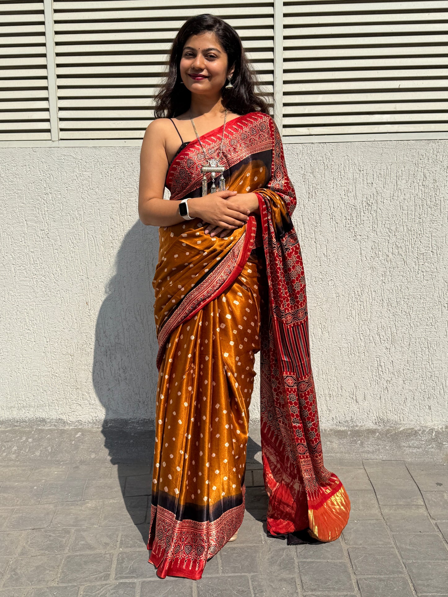 Bandhani with ajrakh modal silk saree