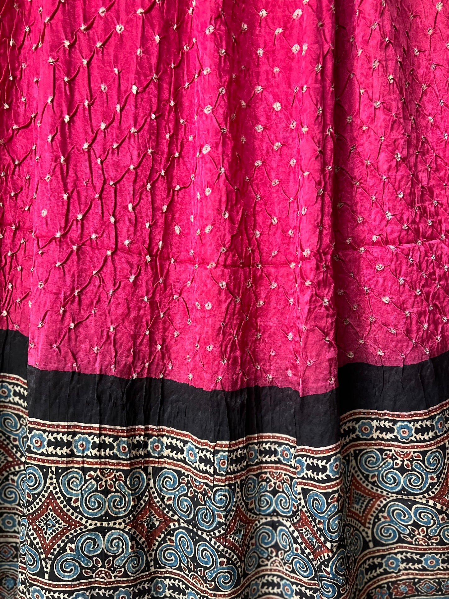 Pink bandhani with black ajrakh silk dupatta