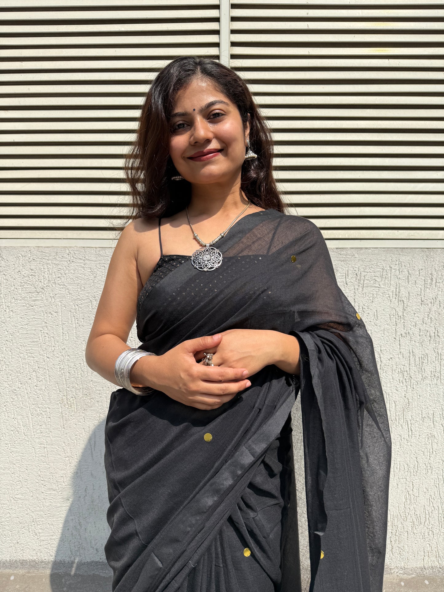Black khadi cotton chumki saree