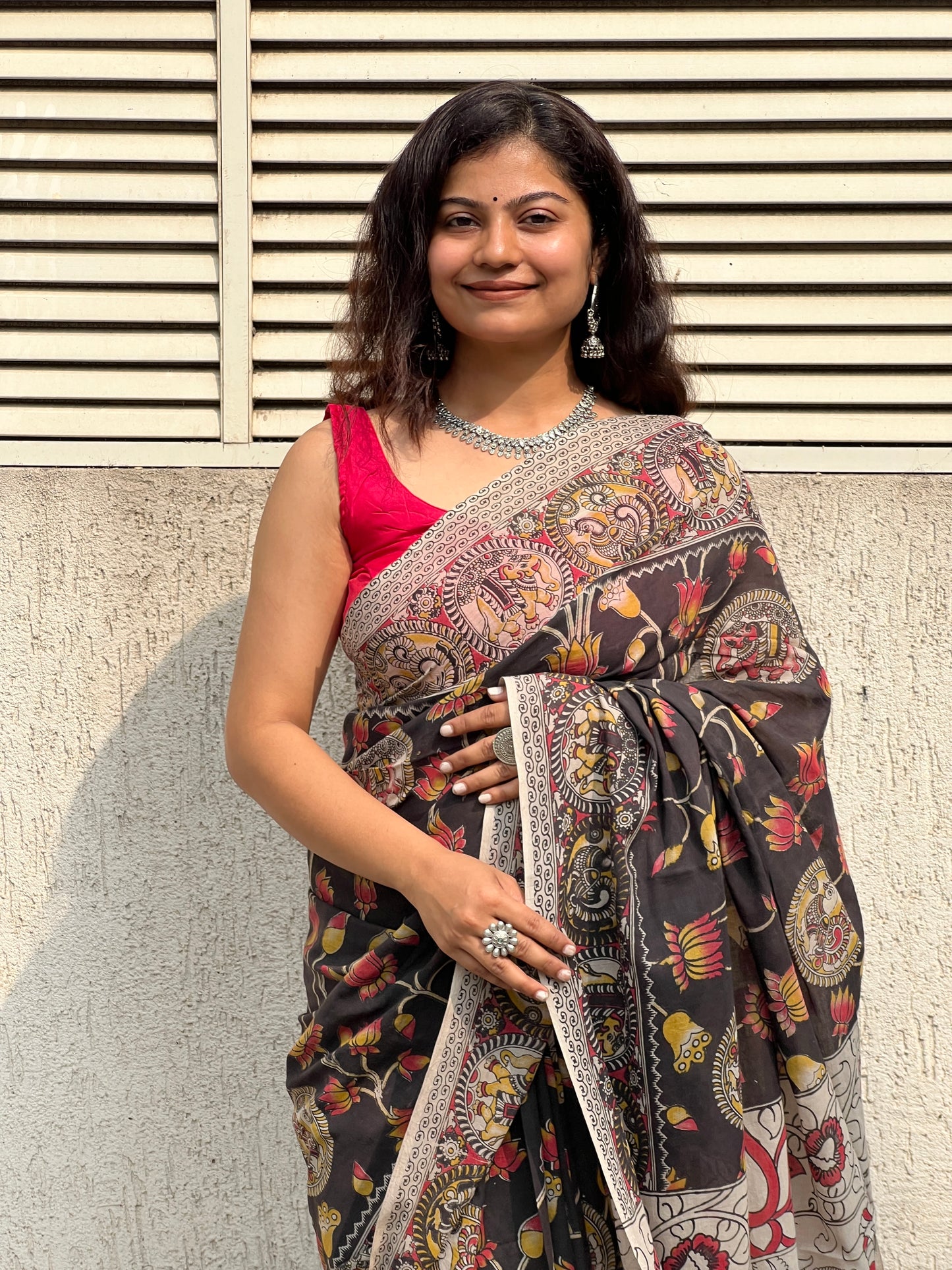 Black lotus kalamkari cotton saree