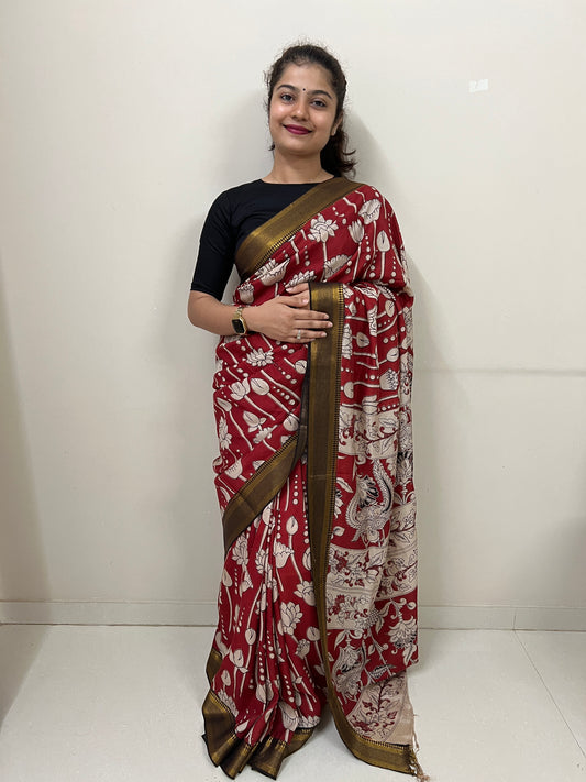 Maroon lotus Kalamkari chennur silk saree