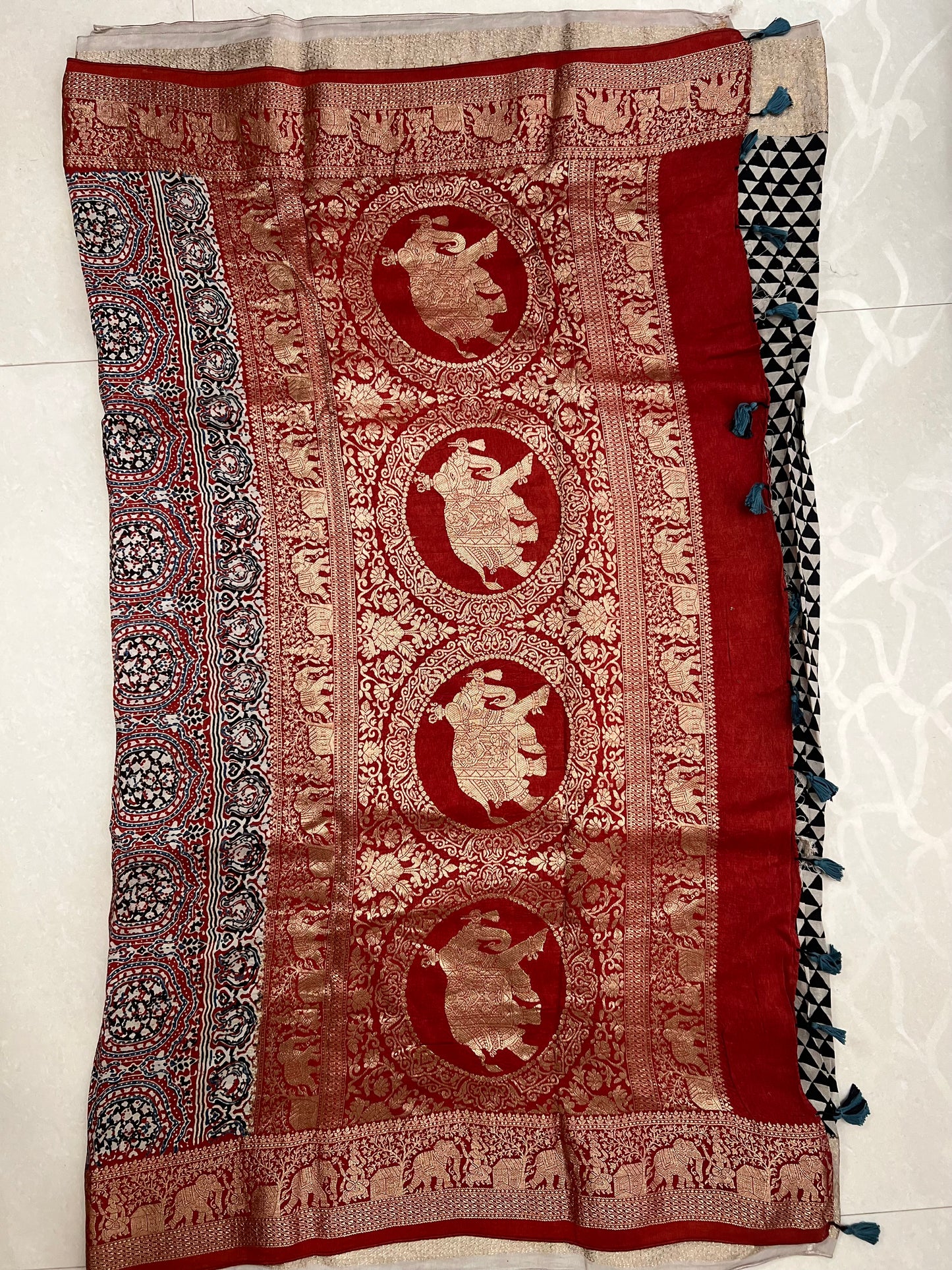 Ajrakh dola silk zari border saree