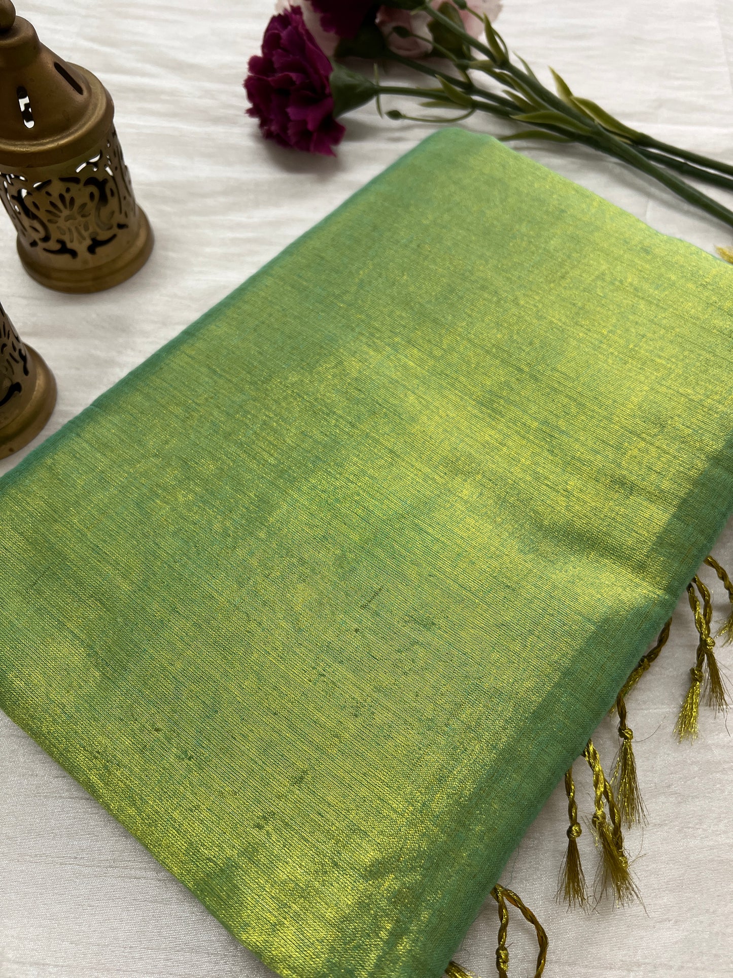 Parrot green tissue mul cotton saree