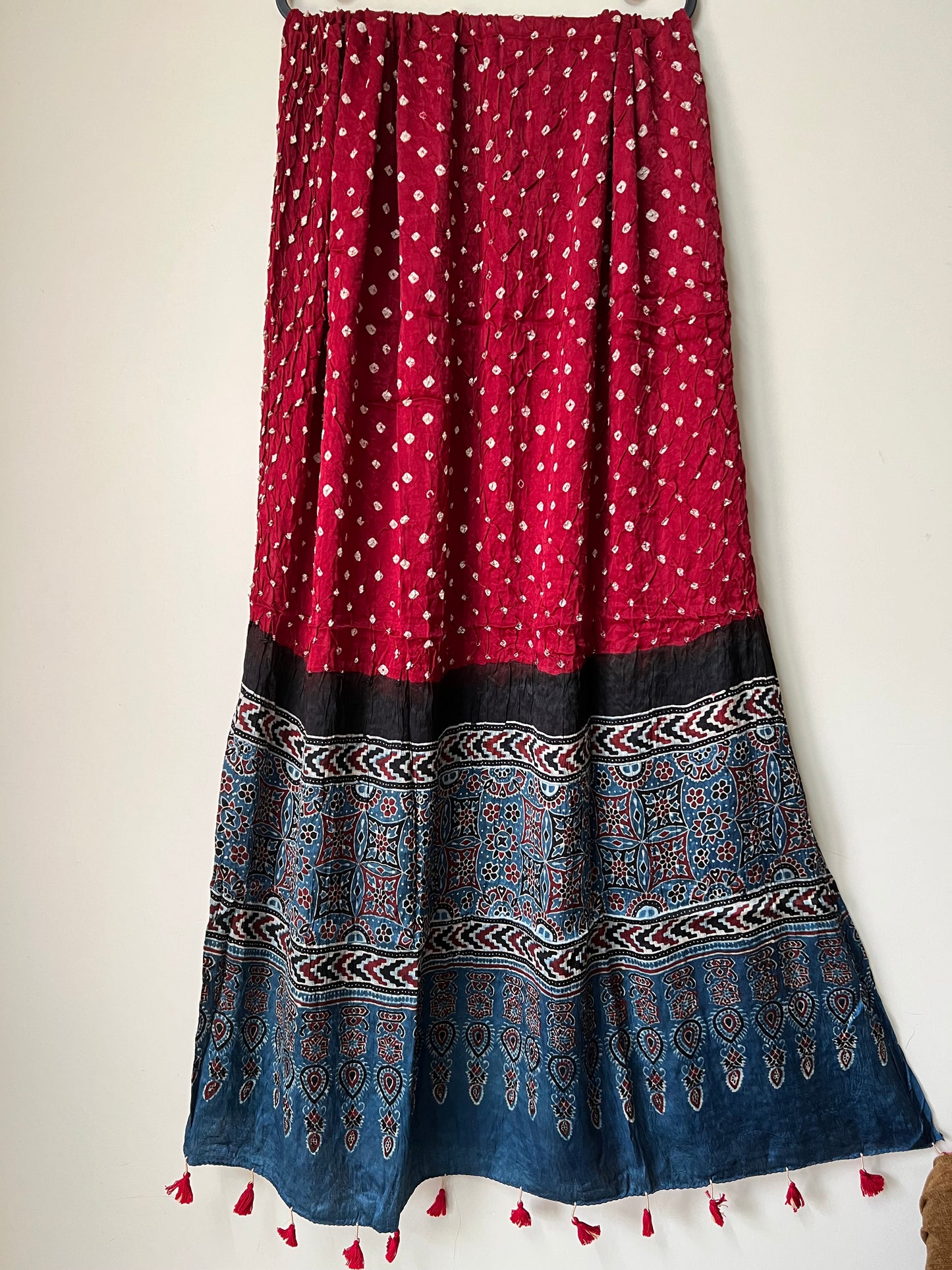 Red bandhani with blue ajrakh silk dupatta