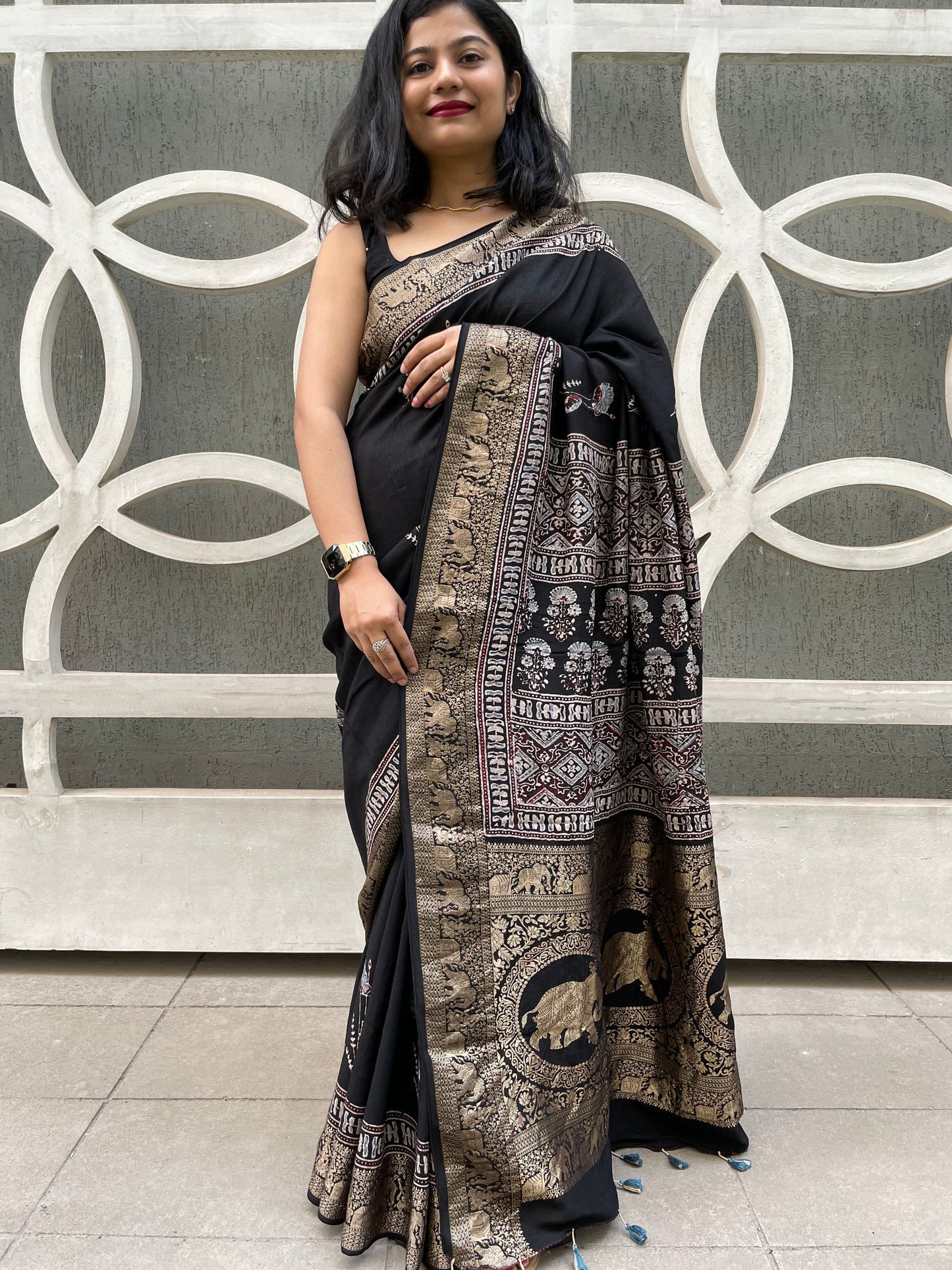 Black ajrakh dola silk zari border saree