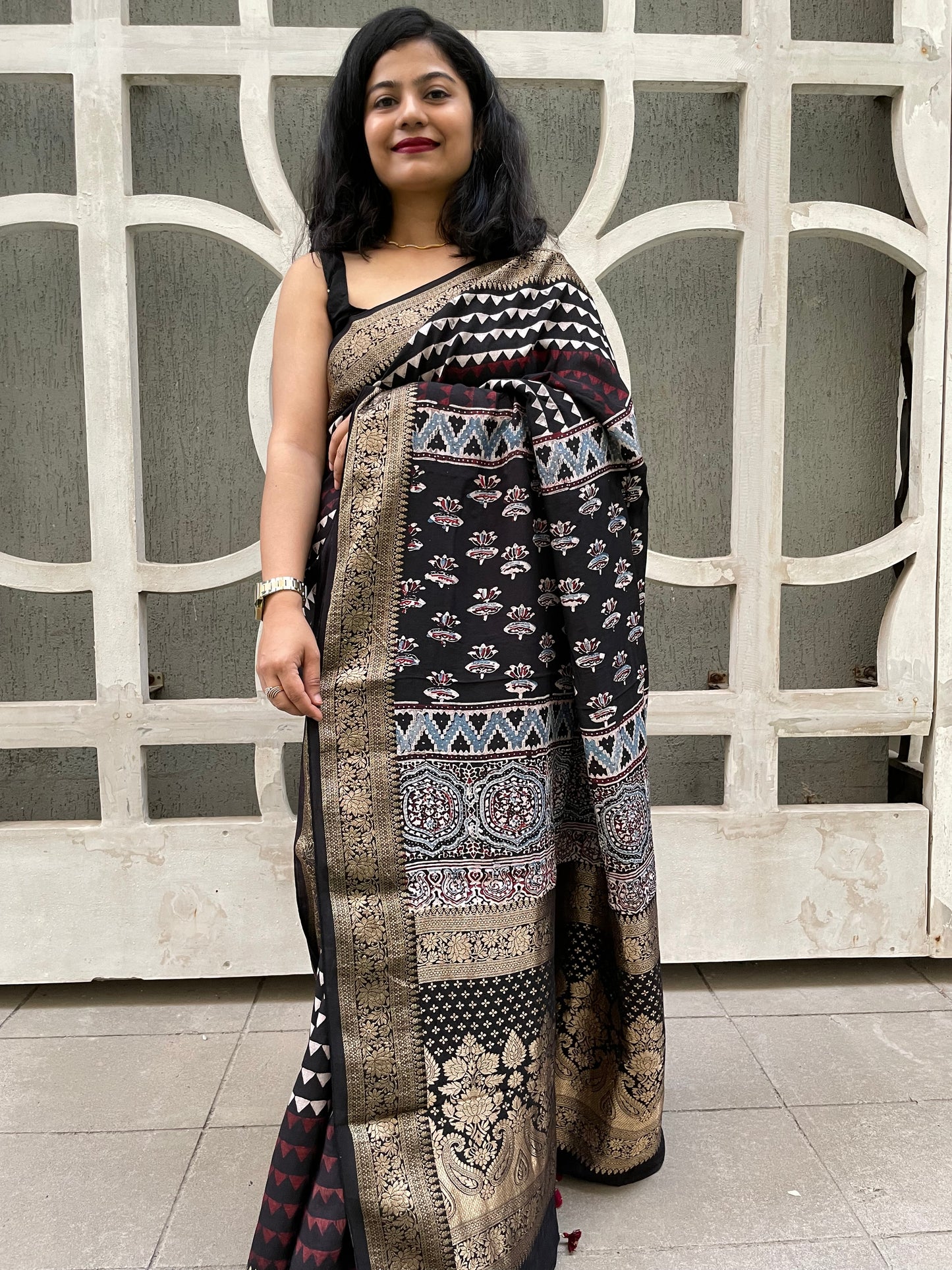 Black ajrakh dola silk zari border saree