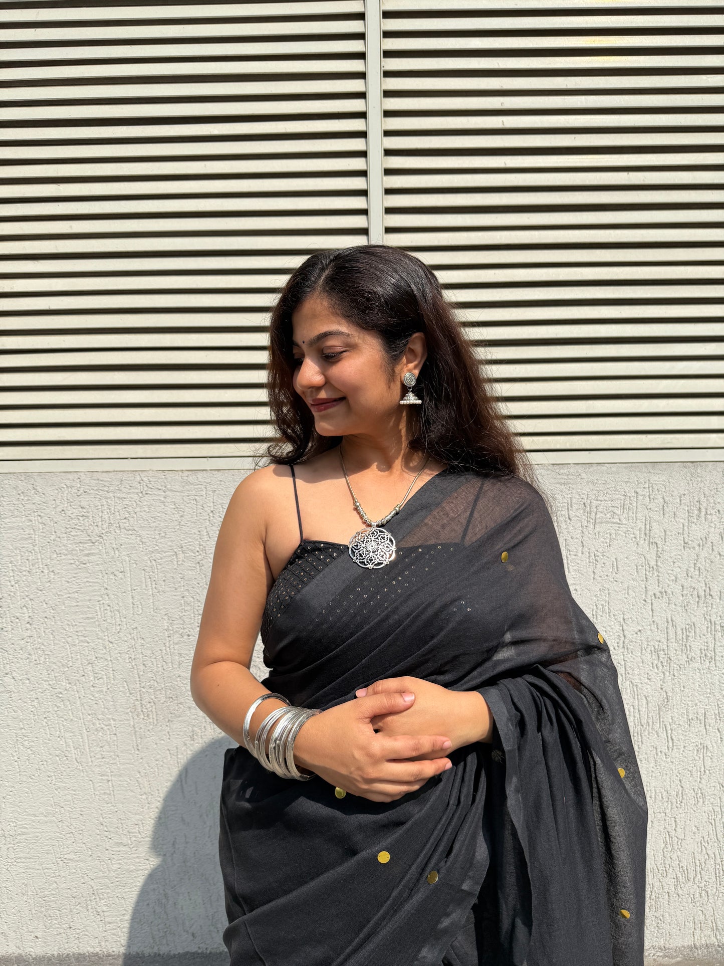 Black khadi cotton chumki saree