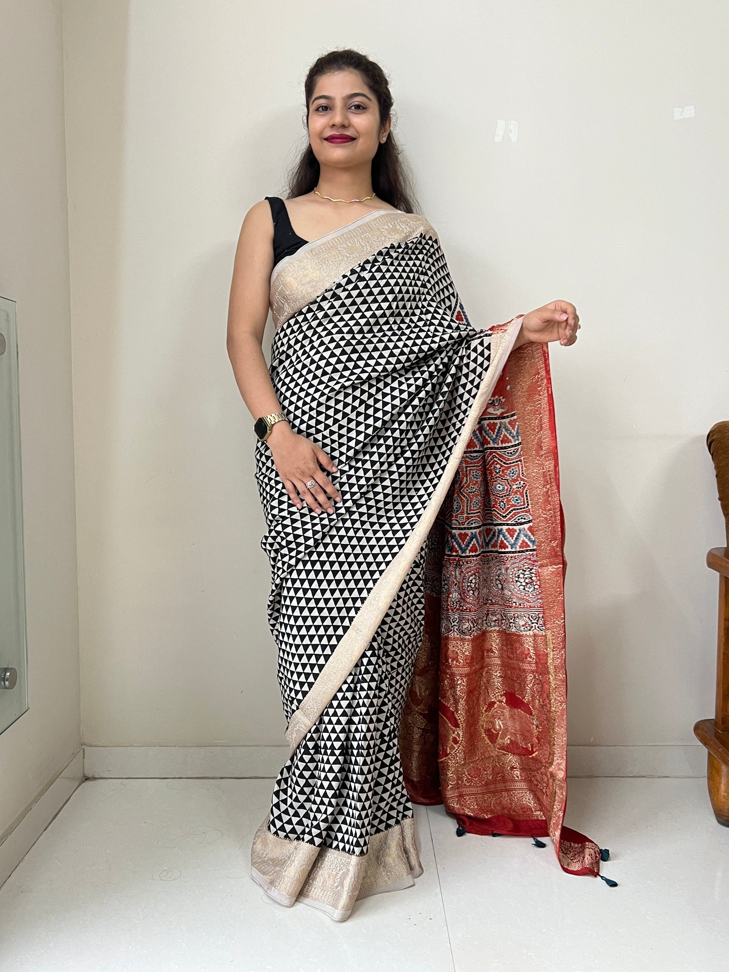 Ajrakh dola silk zari border saree