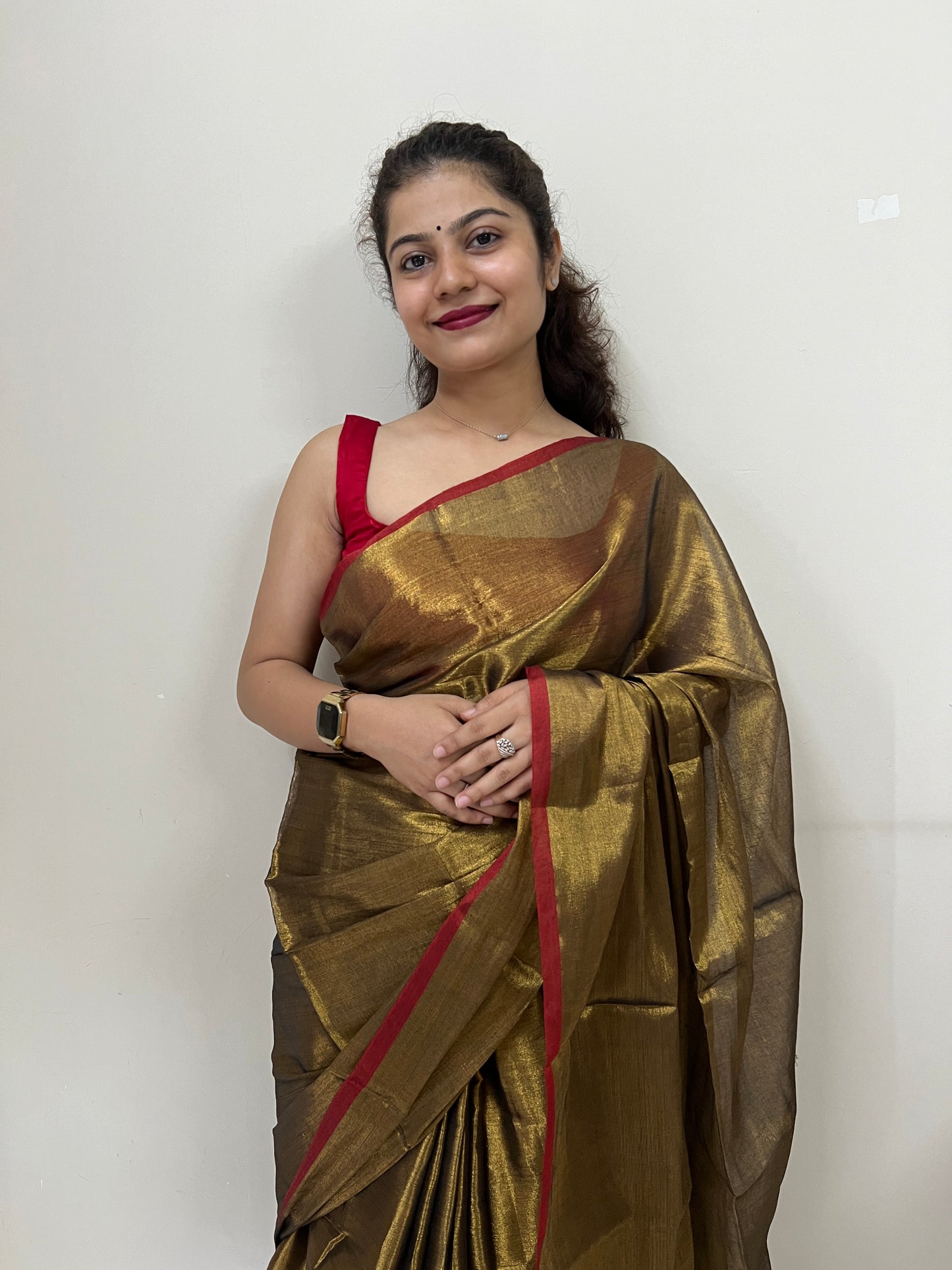 Gold mul cotton tissue saree