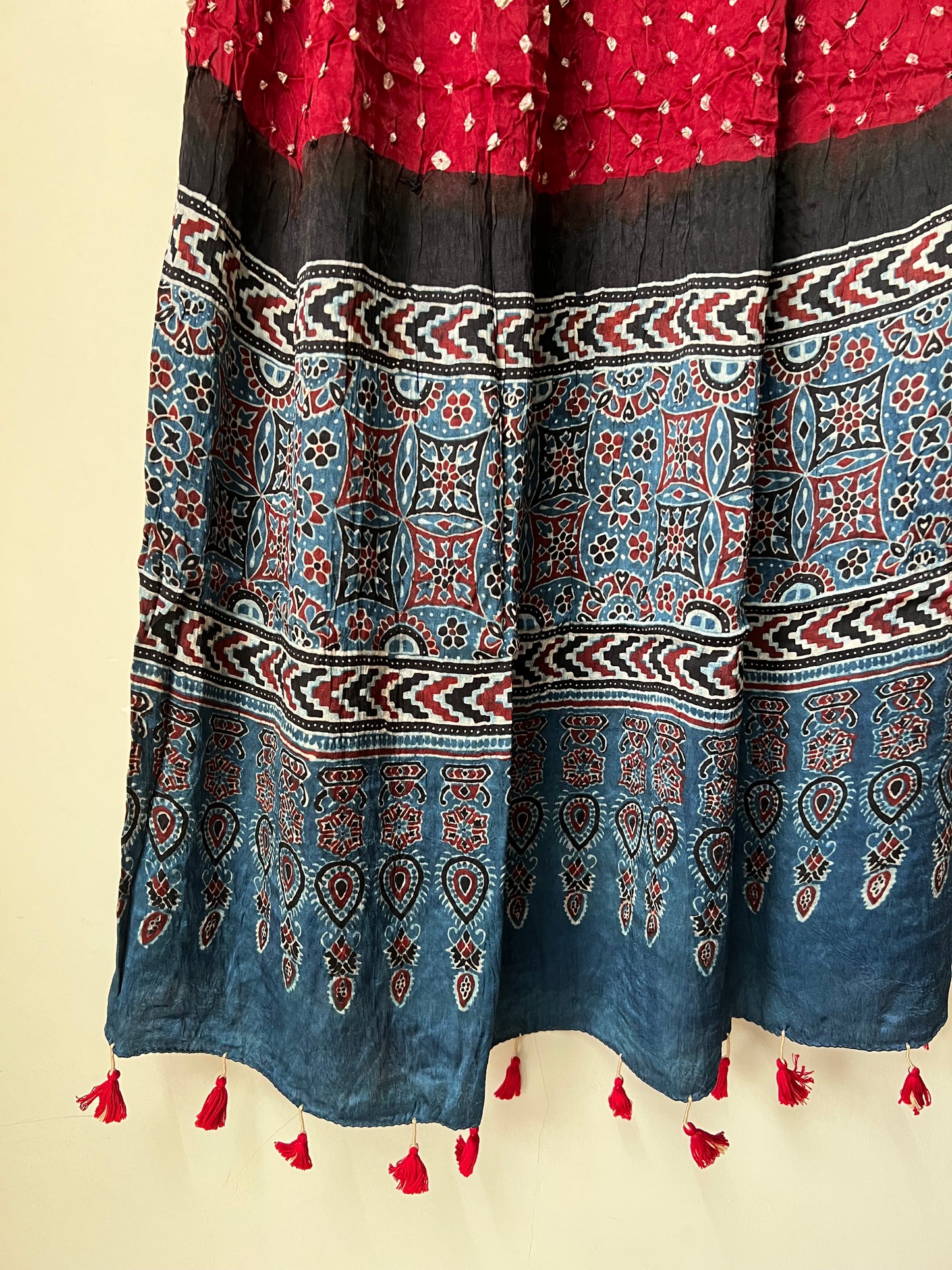 Red bandhani with blue ajrakh silk dupatta