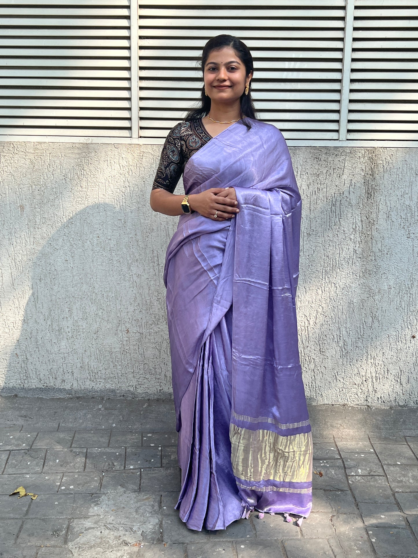 Lavender plain modal silk saree with tissue border