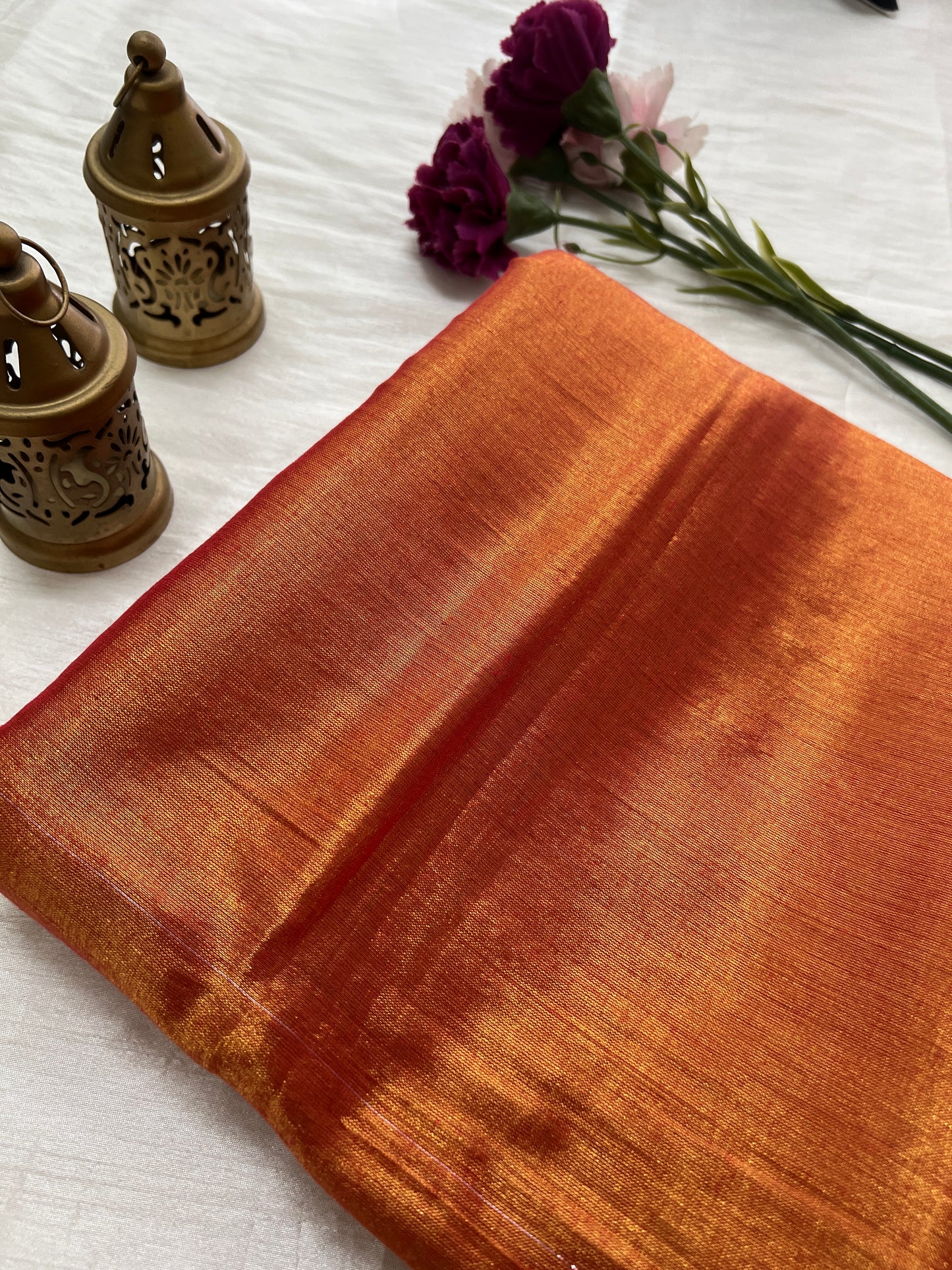 Orange tissue mul cotton saree