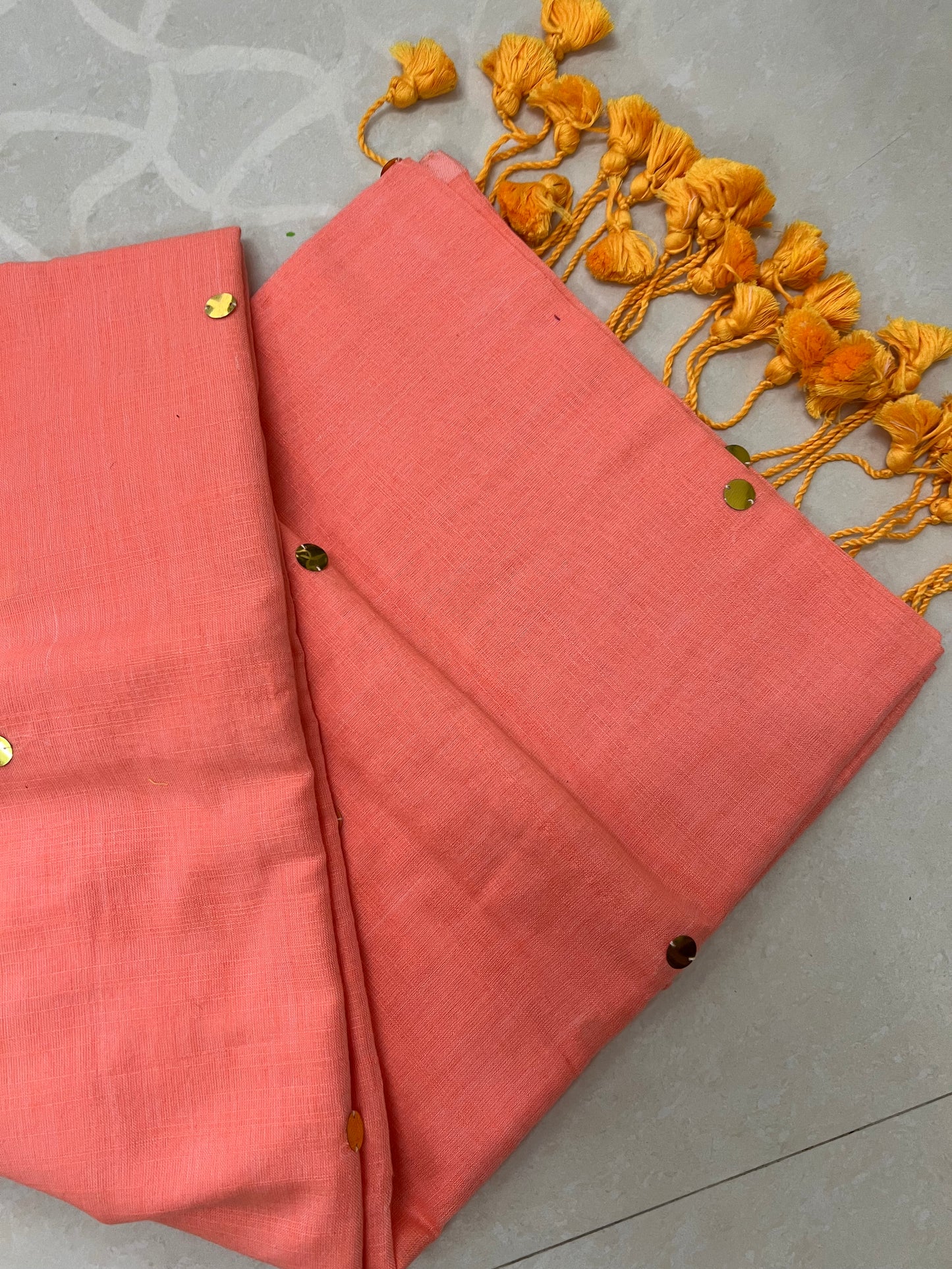 Peach khadi cotton chumki saree