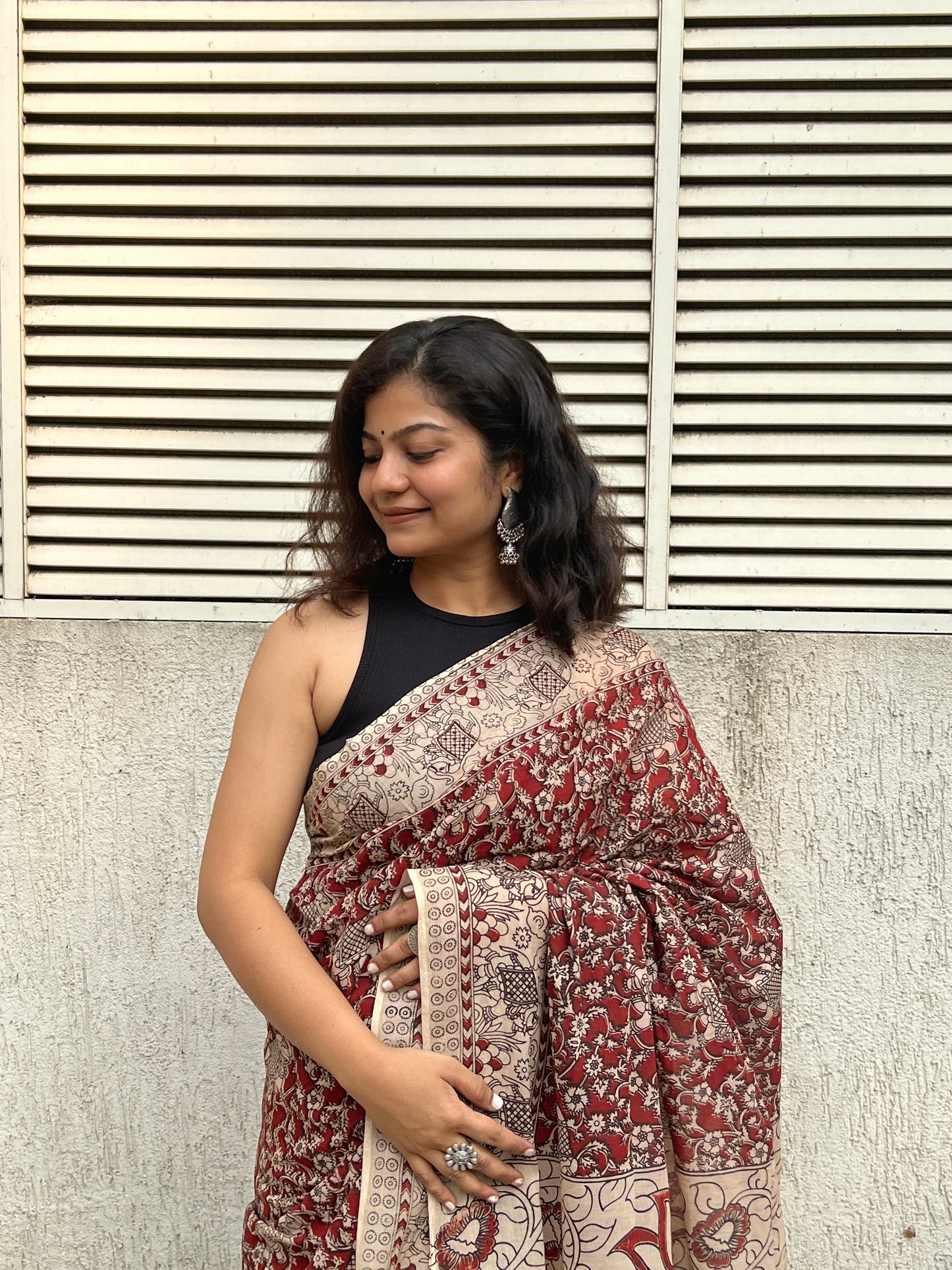 Maroon kalamkari mul cotton saree
