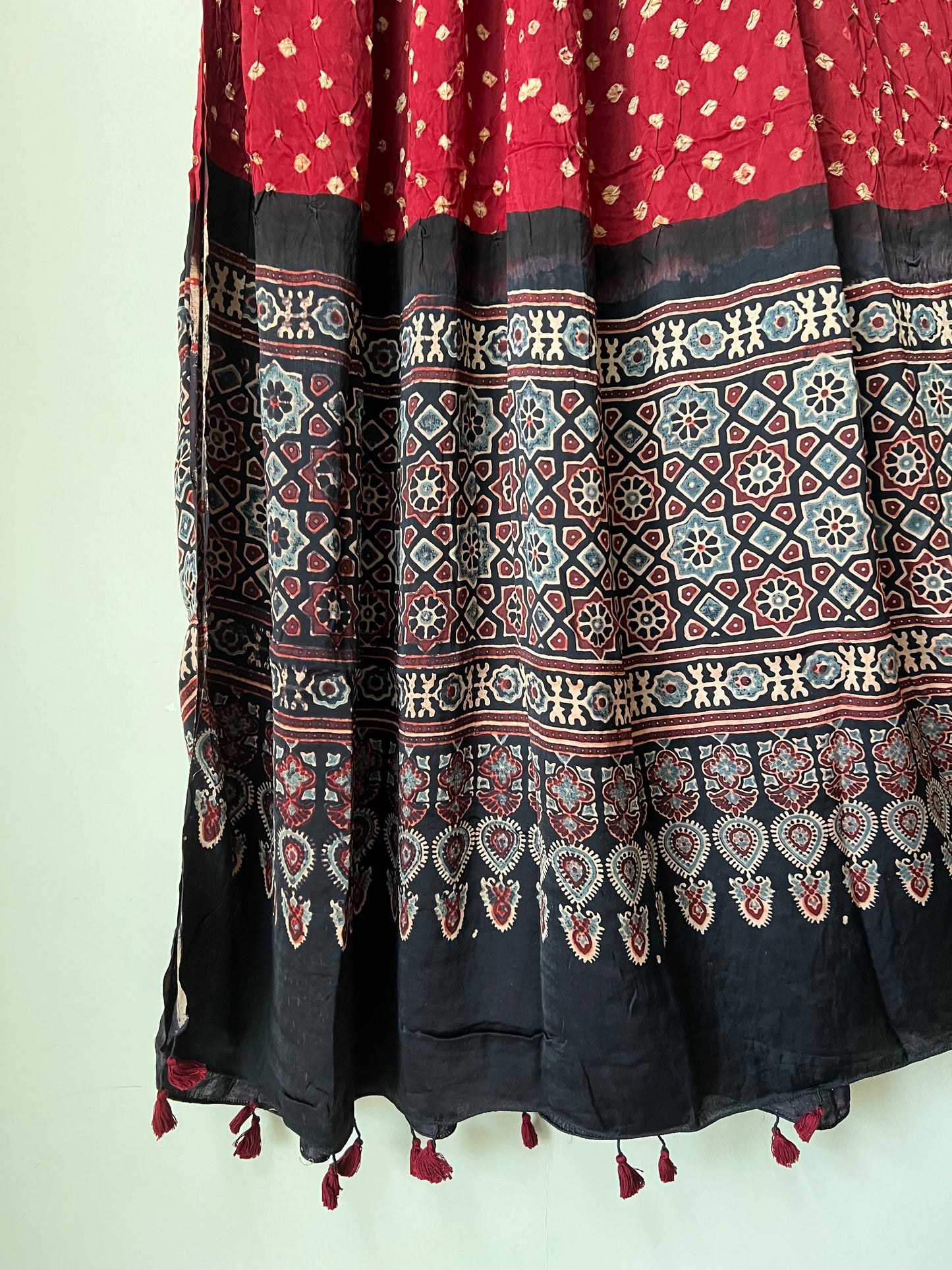 Maroon Red bandhani with black ajrakh silk dupatta