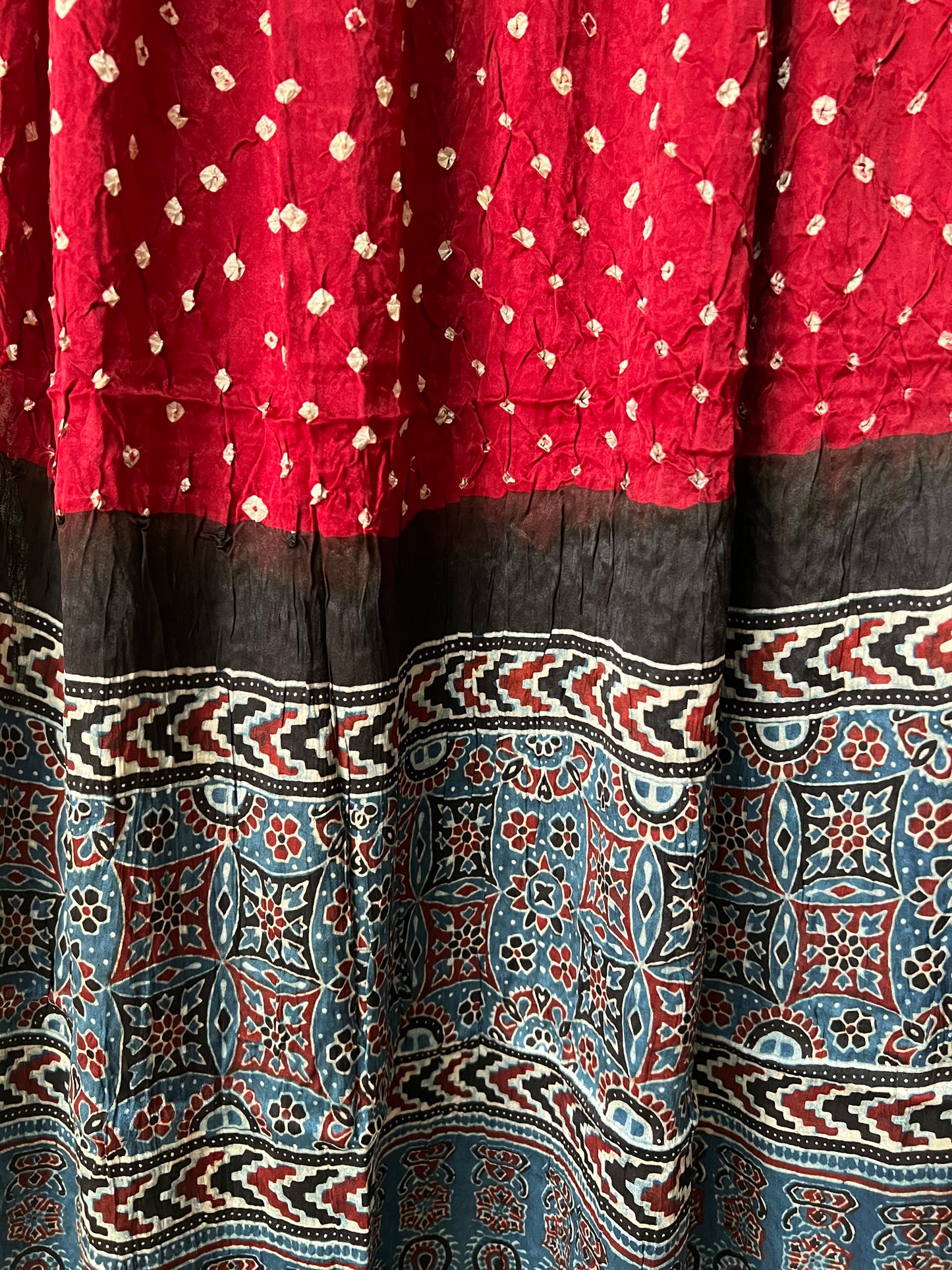 Red bandhani with blue ajrakh silk dupatta