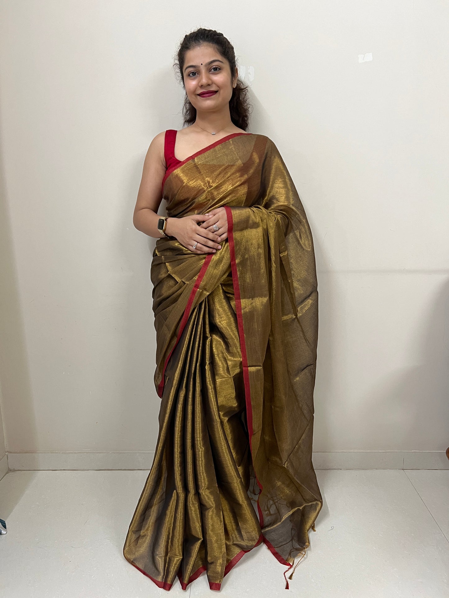 Gold mul cotton tissue saree