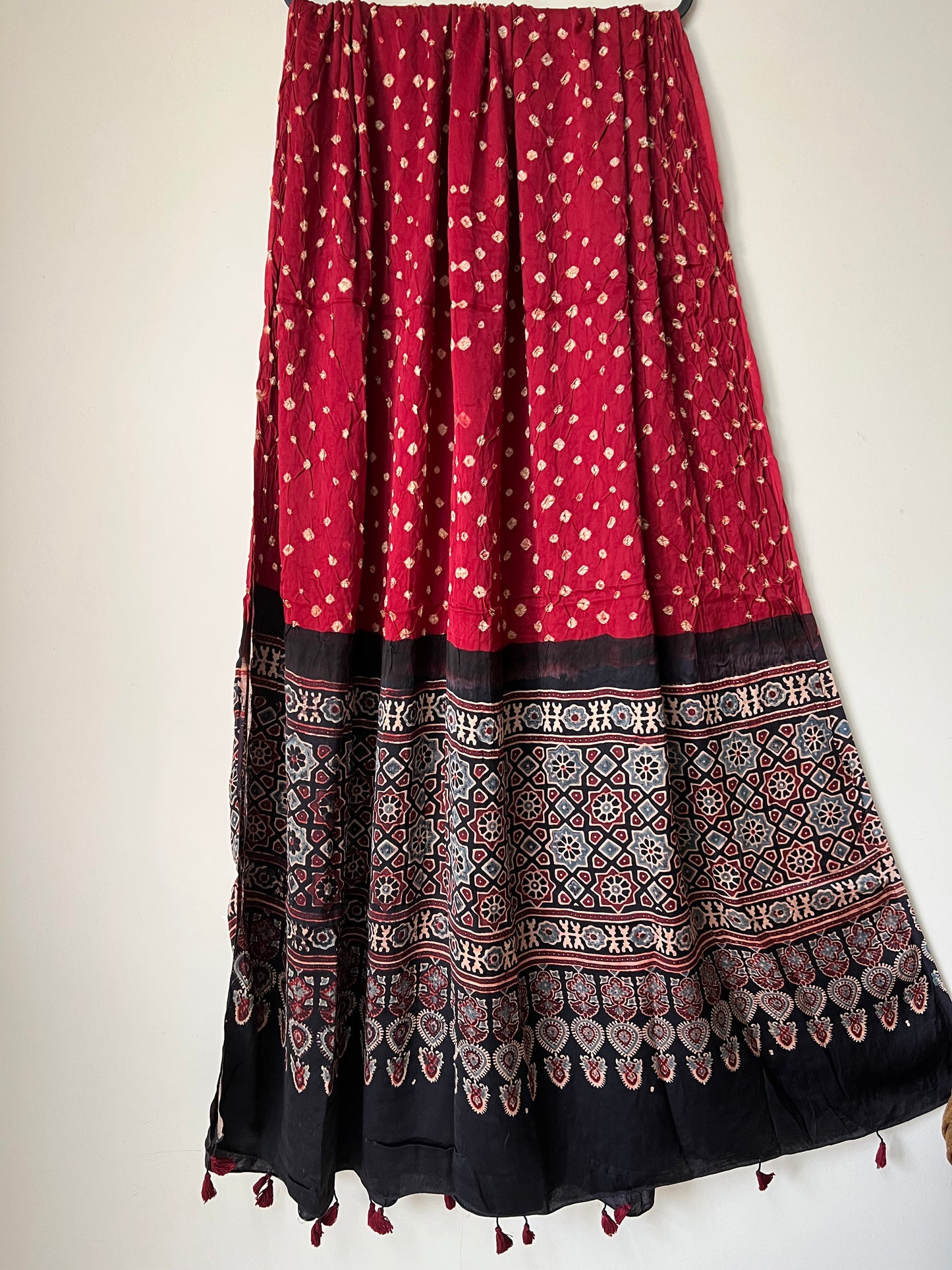 Maroon Red bandhani with black ajrakh silk dupatta