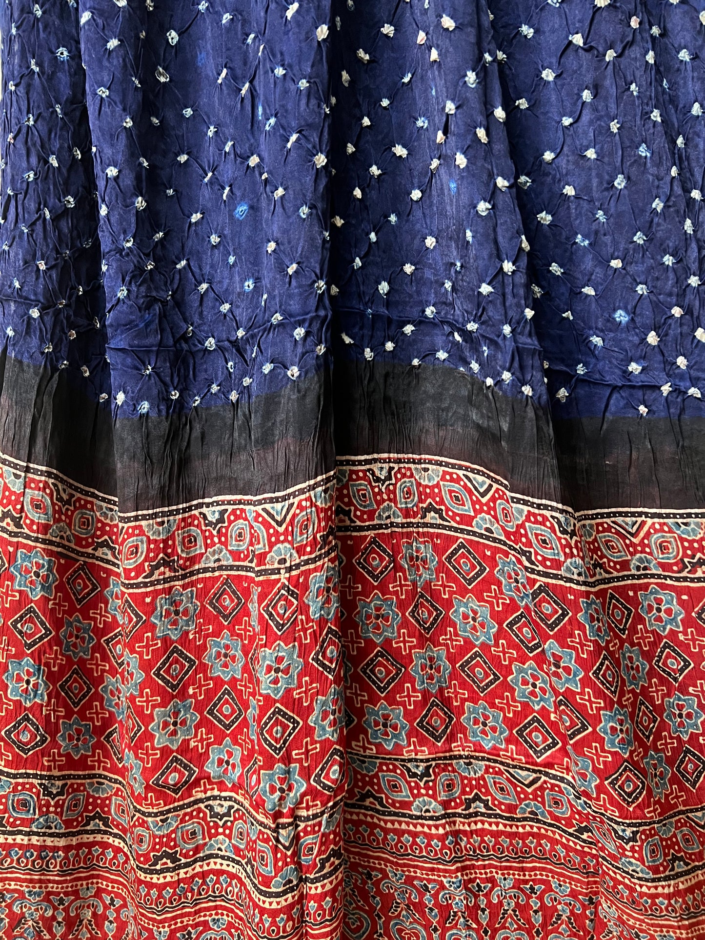 Blue bandhani with red ajrakh silk dupatta