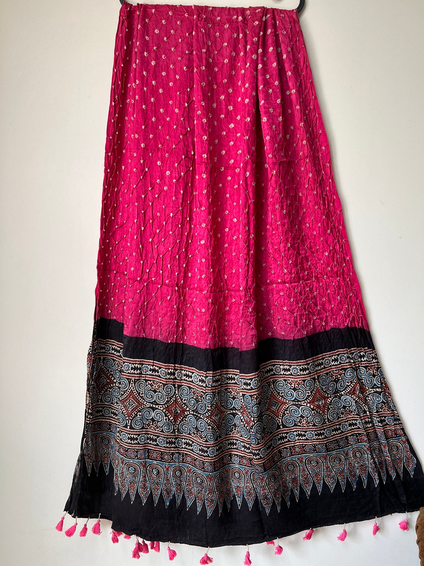 Pink bandhani with black ajrakh silk dupatta