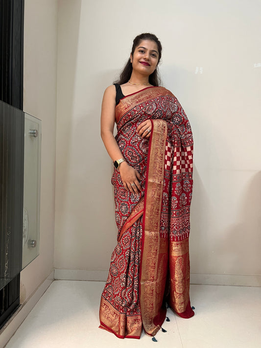 Maroon red ajrakh dola silk zari border saree