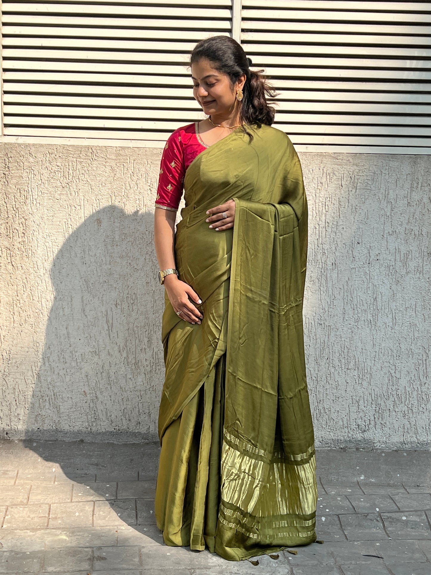 Mehendi plain modal silk saree with tissue border