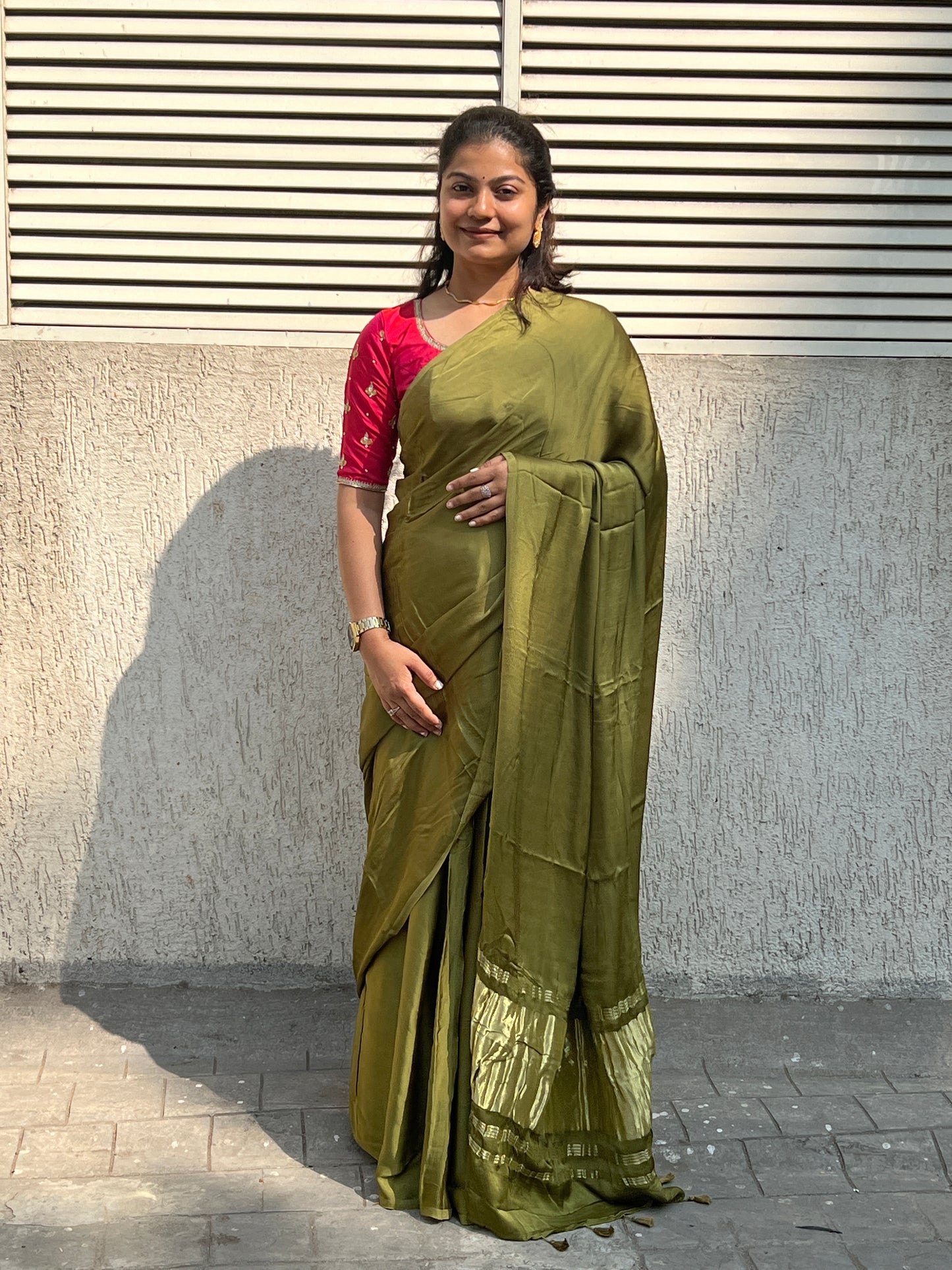 Mehendi plain modal silk saree with tissue border