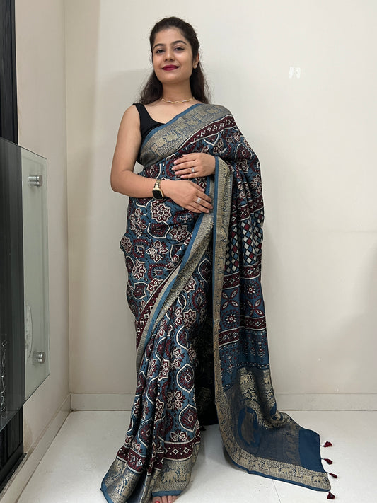 Indigo ajrakh dola silk zari border saree