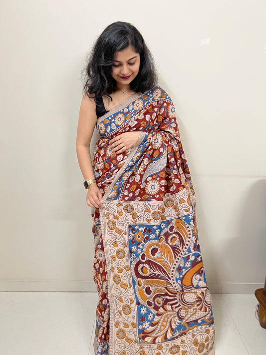 Maroon kalamkari mul cotton saree