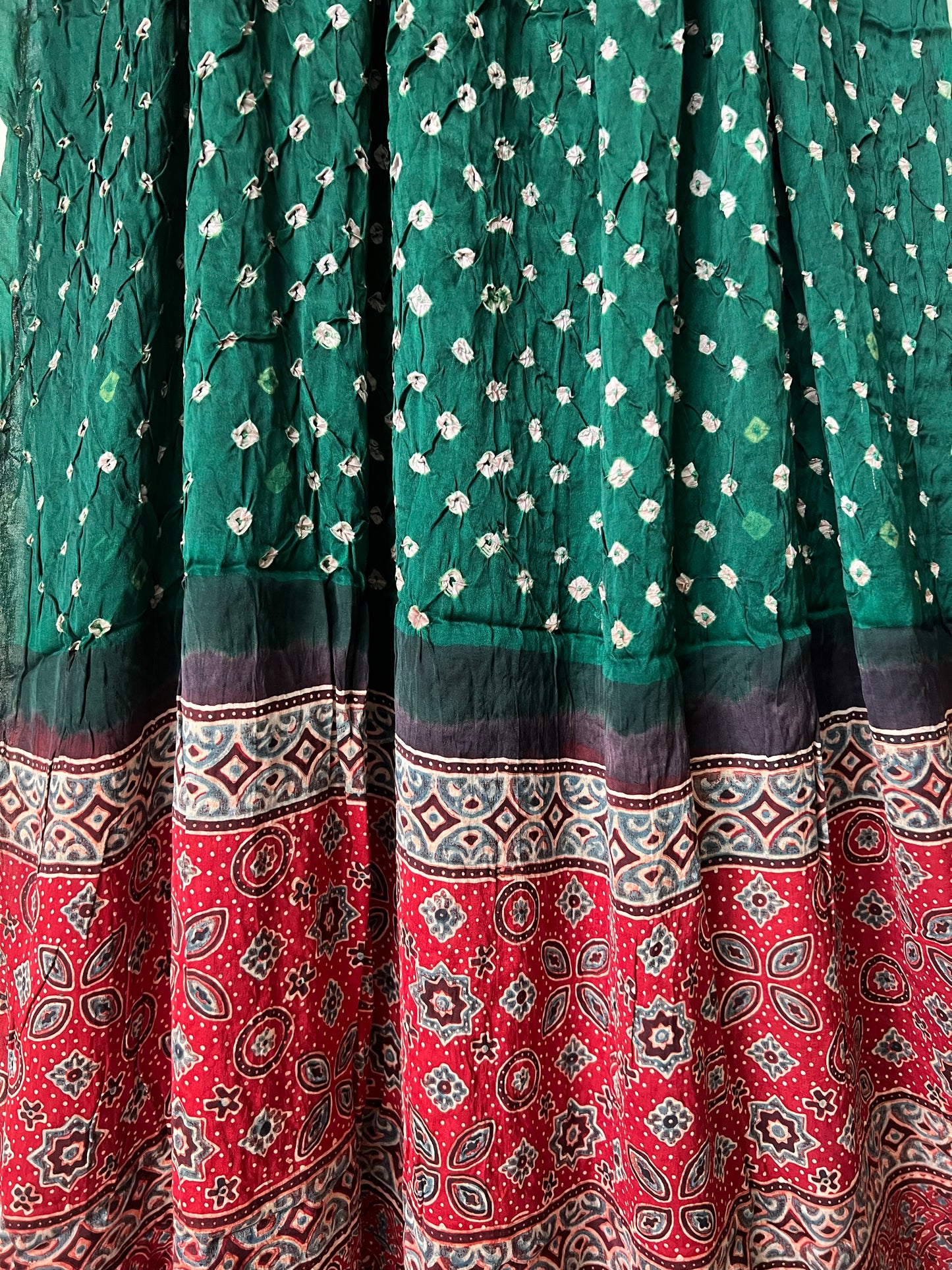 Green bandhani with red ajrakh silk dupatta