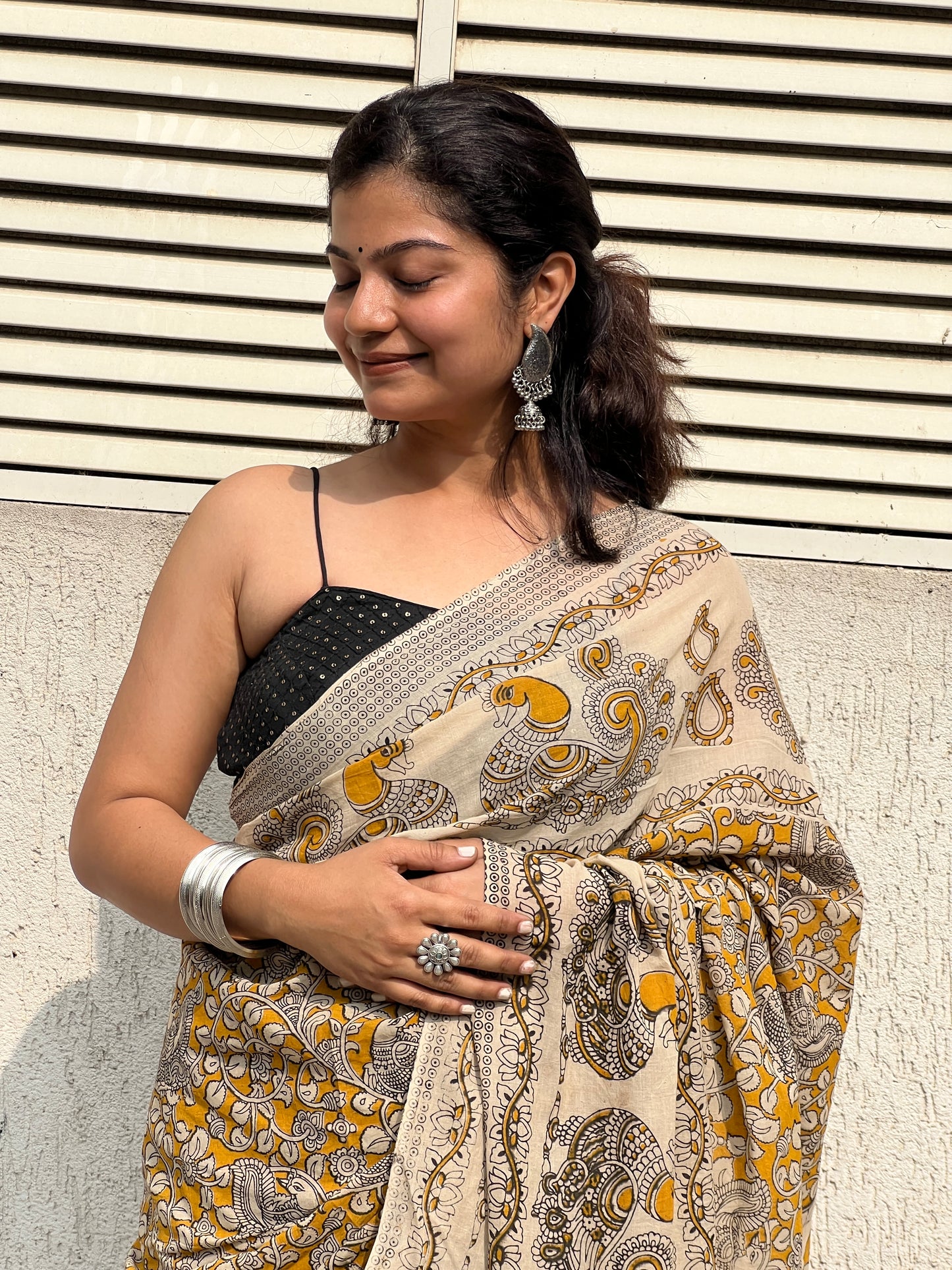 Yellow kalamkari mul cotton saree