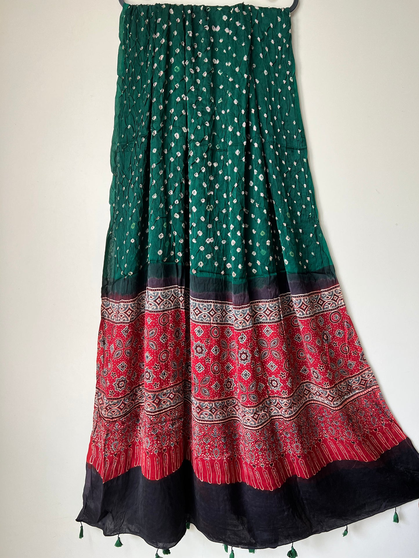 Green bandhani with red ajrakh silk dupatta