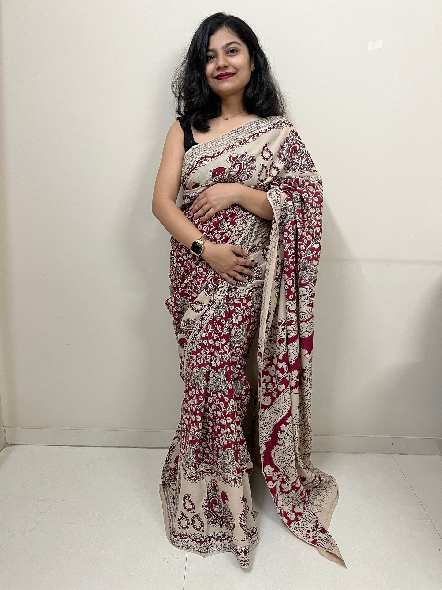 Pink kalamkari mul cotton saree