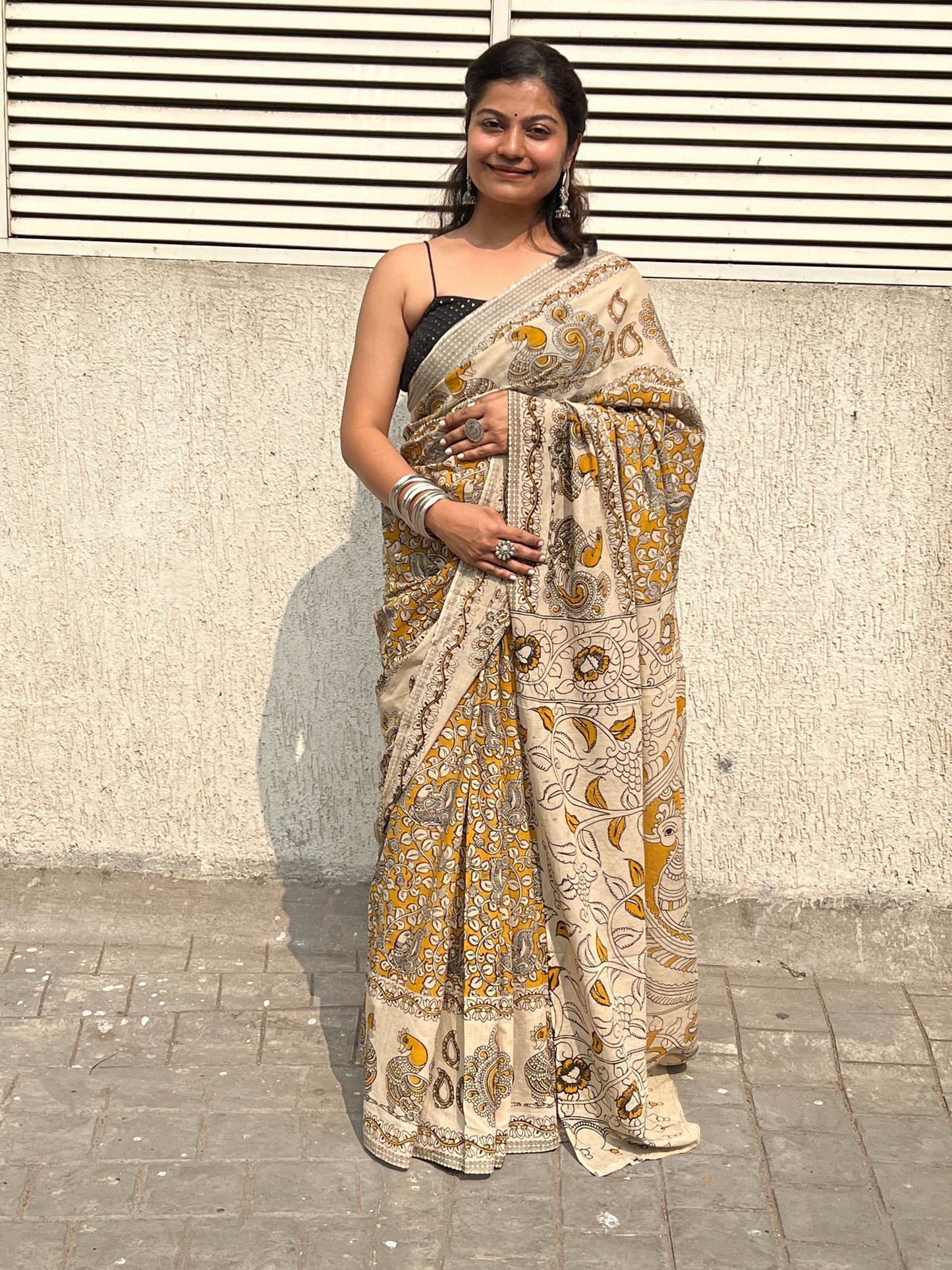 Yellow kalamkari mul cotton saree