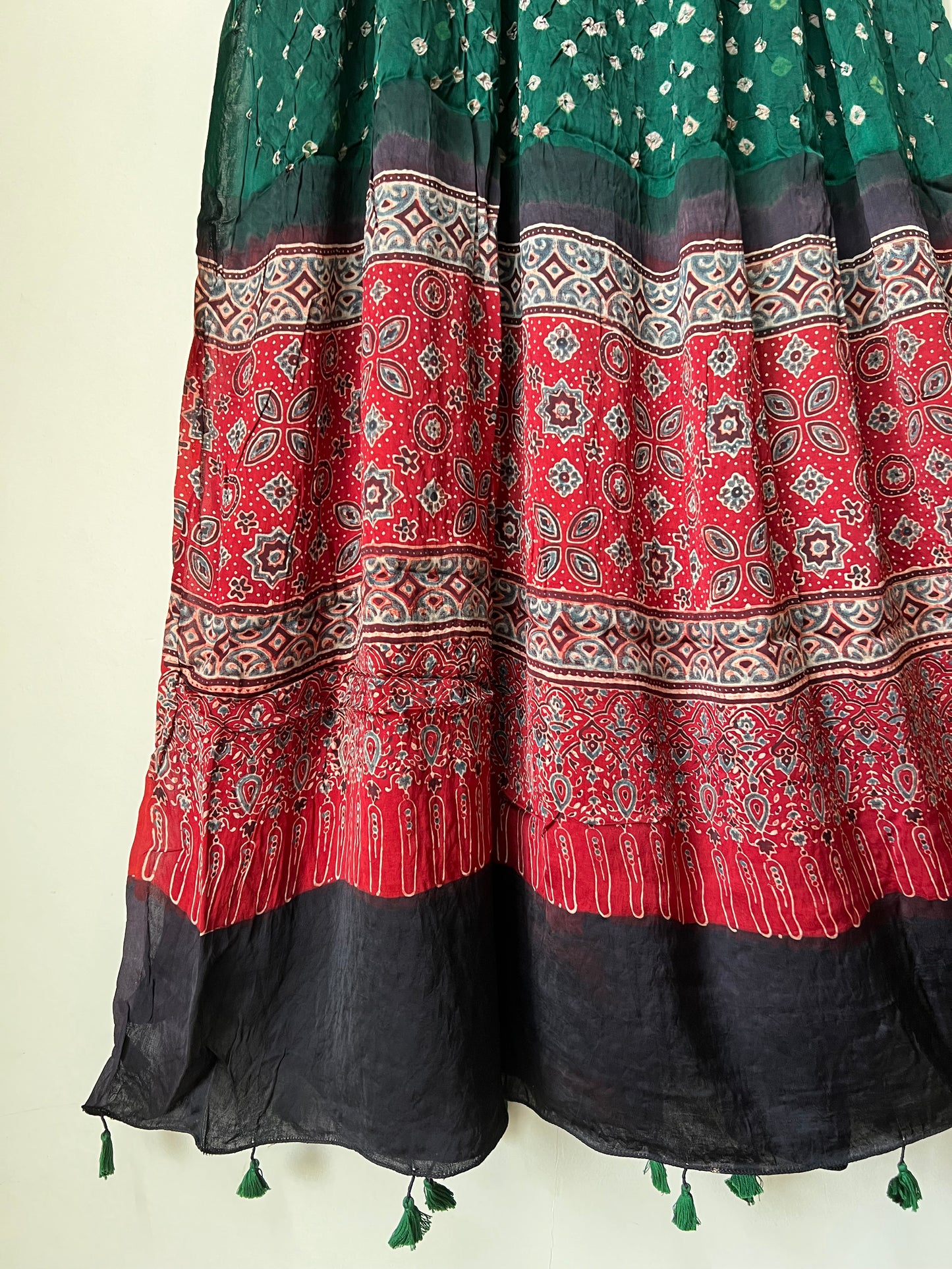 Green bandhani with red ajrakh silk dupatta