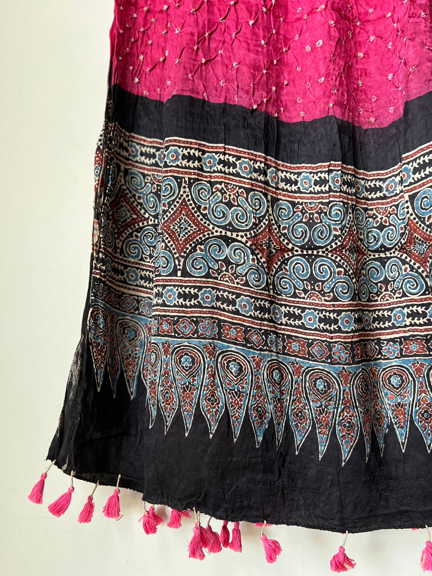 Pink bandhani with black ajrakh silk dupatta